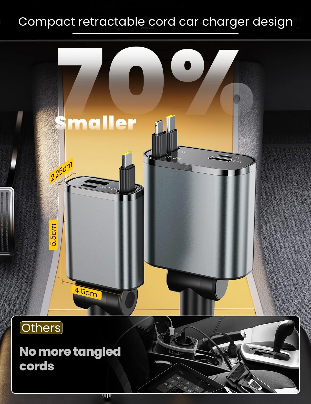 Wysuwana ładowarka samochodowa szybkie ładowanie 3 w 1 adapter 2 chowane kable szybkie ładowanie USB C 57 W adapter samochodowy z wyświetlaczem napięcia kompatybilny z IPhone16/Samsung dla 12V 24V Car