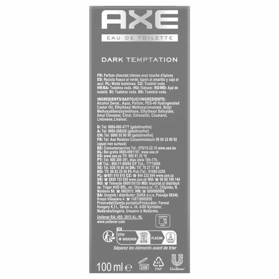Axe woda toaletowa Dark Temptation, perfumy czarnej czekolady i przyprawy, wydajność i świeżość 24 godziny - butelka 100ml
