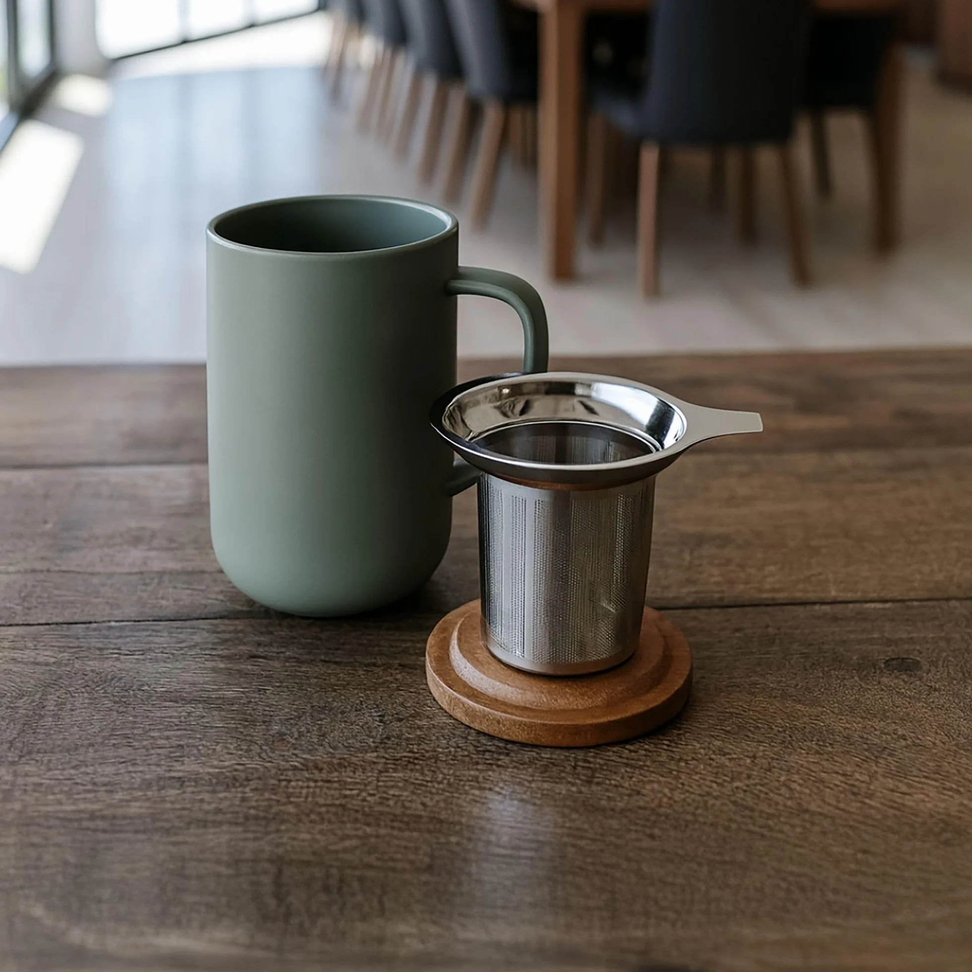 OGO LIVING Juliet herbata ziołowa 475 ml - idealna do herbaty i herbaty ziołowej - kubek do herbaty z kamionki i pokrywką z drewna akacjowego - zielony khaki - 7912034