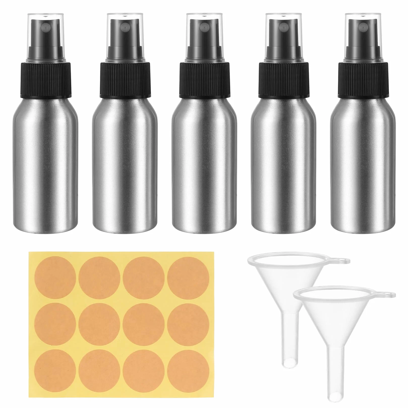 5 Sztuk Małych Butelek z Rozpylaczem 50ml, Aluminiowy Atomizer, Puste Butelki z Rozpylaczem do Napełniania, Butelka z Pompką do Kosmetyków Płynów Olejków Eterycznych, z 2 Lejkami, 1 Naklejką