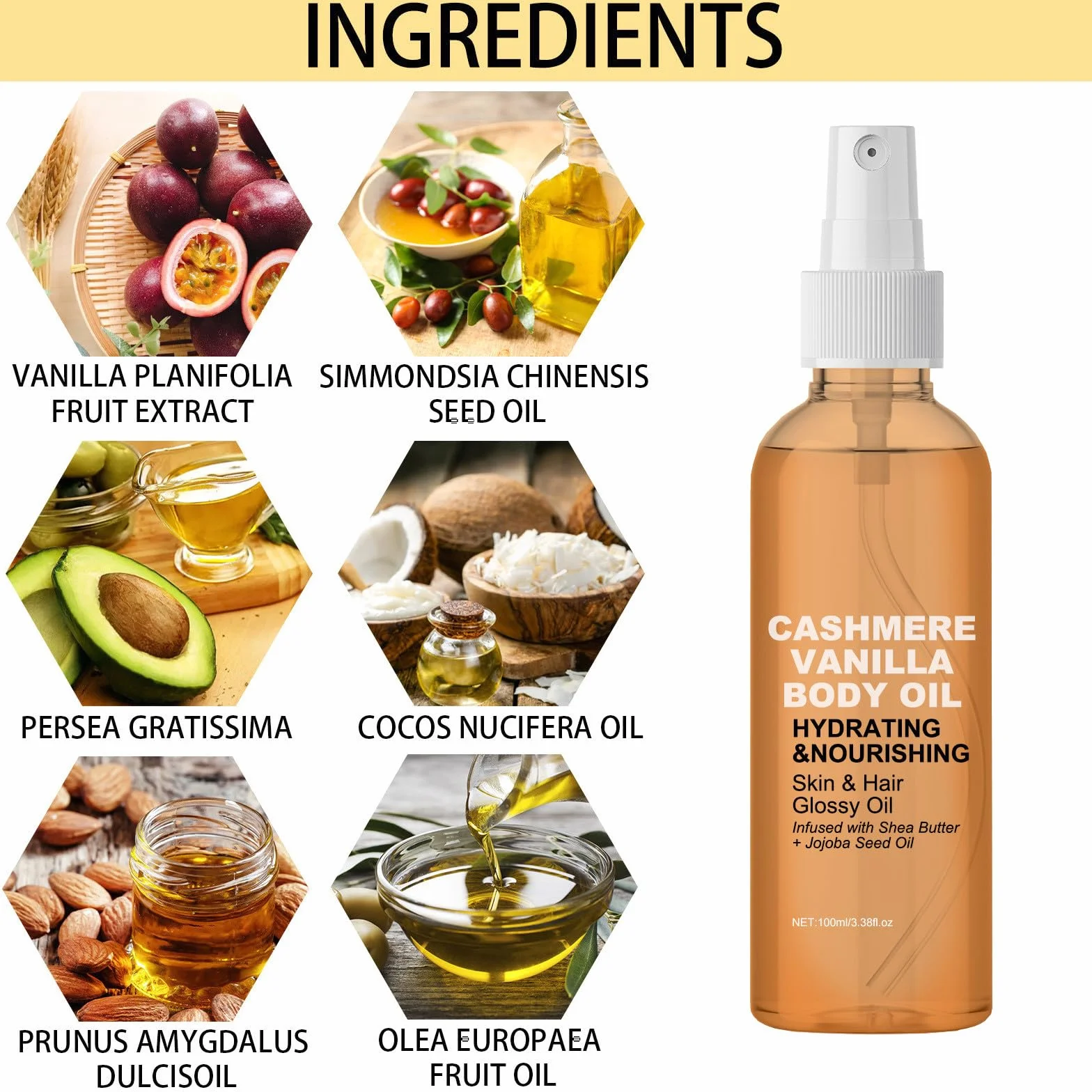 2szt. Olejek Waniliowo-Kaszmirowy do ciała, odżywcza formuła dla suchej skóry i włosów z masłem shea i jojoba, nawilżający spray do masażu dla skóry