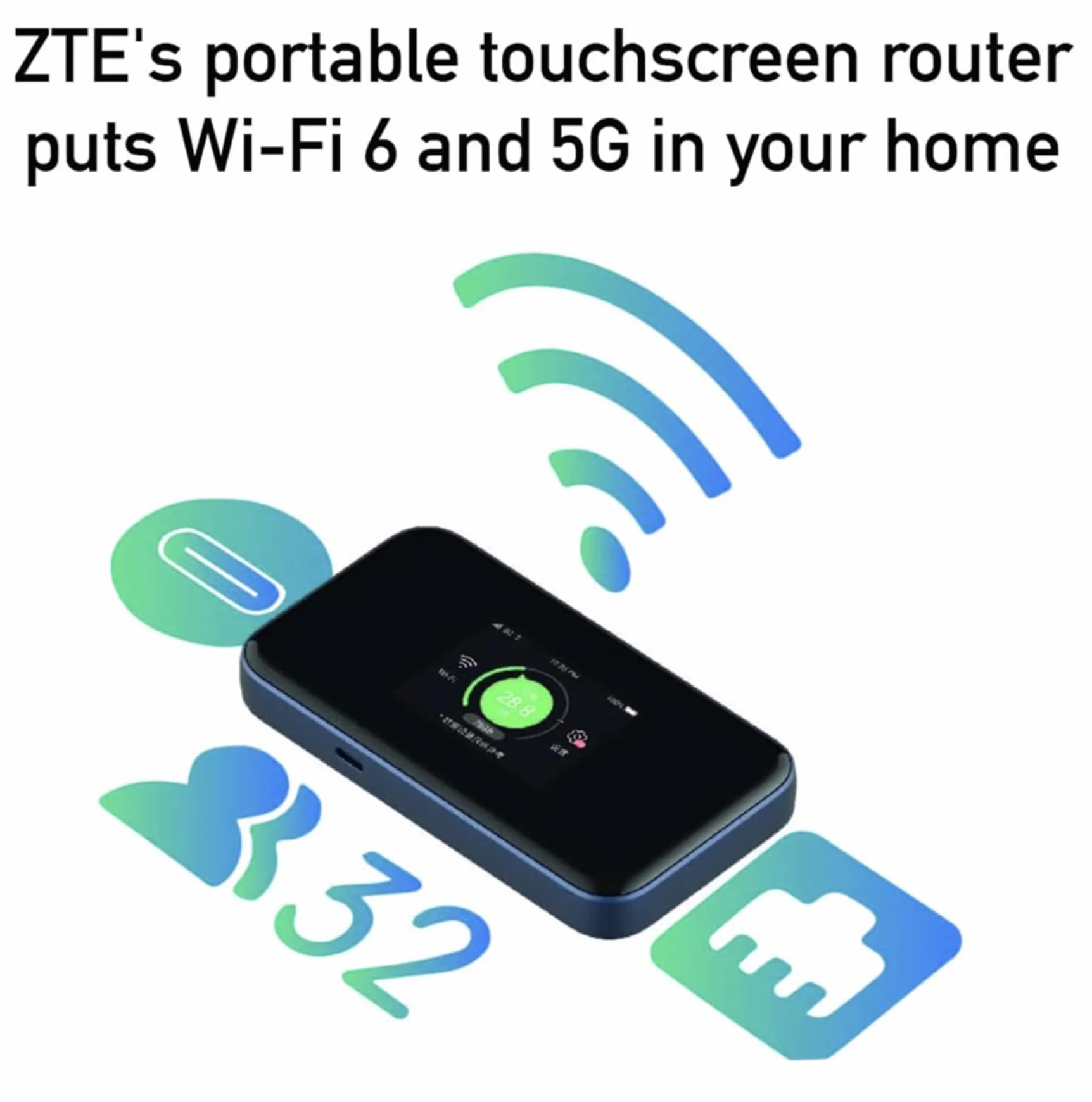 ZTE MU5001 5G Odblokowany, przenośny, niedrogi podróżny WiFi, łączy 32 urządzenia, 8-godzinny akumulator z funkcją szybkiego ładowania, ekran dotykowy, specyfikacja brytyjska - czarny