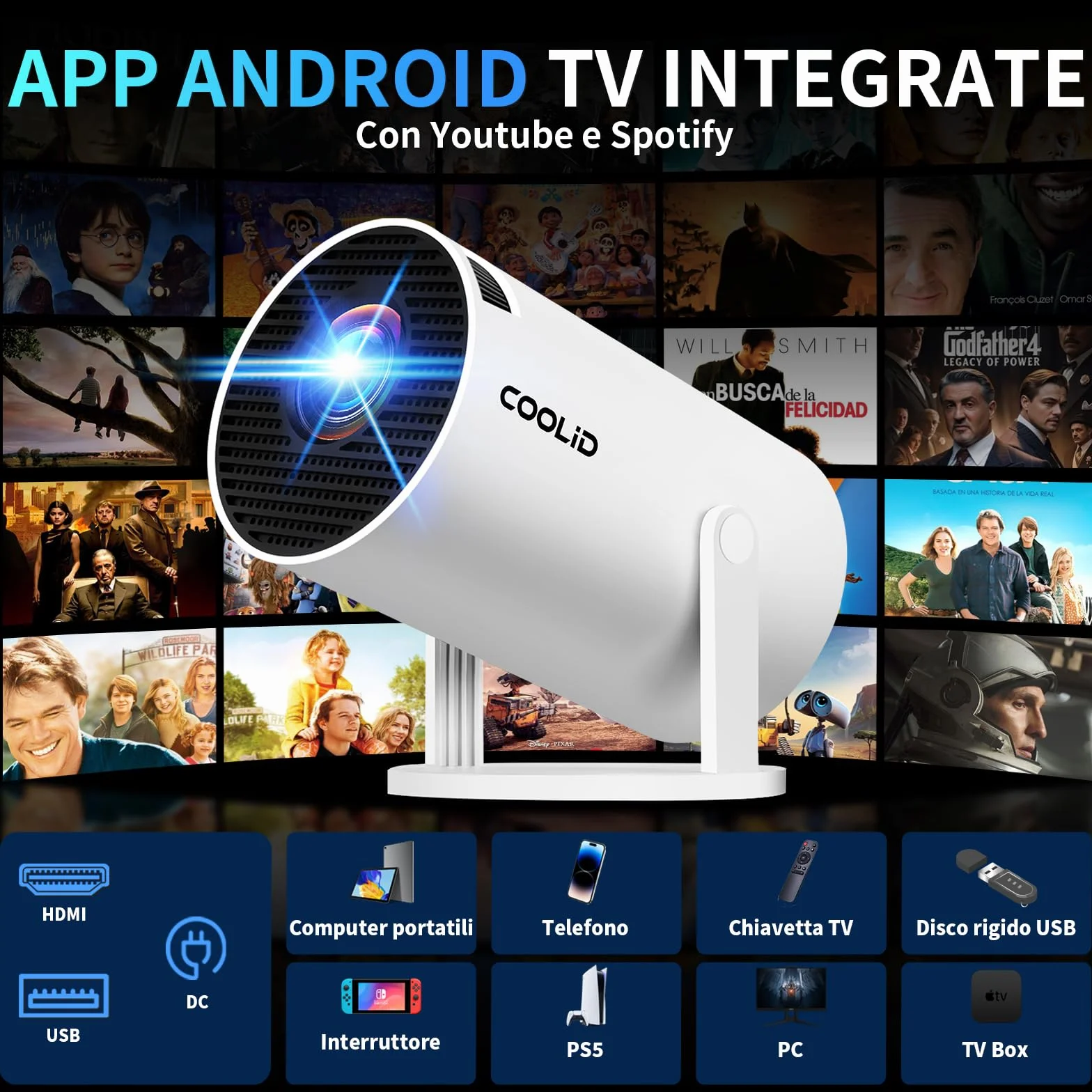 Mini projektor [wbudowana aplikacja i aktualizacja 2026] Przenośny projektor 4K 1080P z 5G WiFi 6 i BT 5.4 obsługuje obrót o 270°, automatyczna korekcja trapezowa, zastosowanie do telewizora Stick/USB