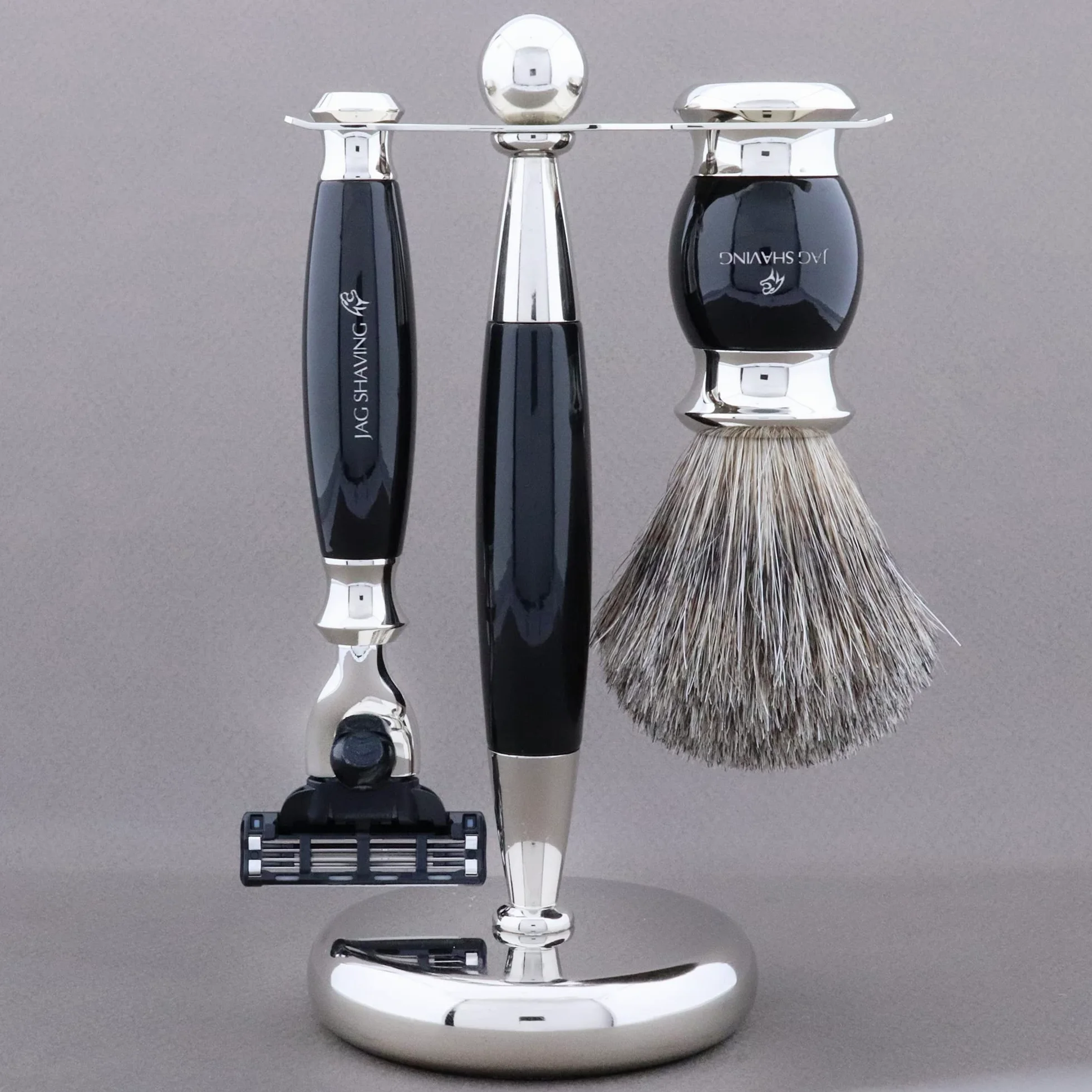 Jag Shaving zestaw do golenia – 3-częściowy zestaw do golenia z pędzlem do golenia – 3 ostrza do golenia – super pędzel do golenia z włosia borsuka – stojak do golenia – czarny zestaw do golenia jako
