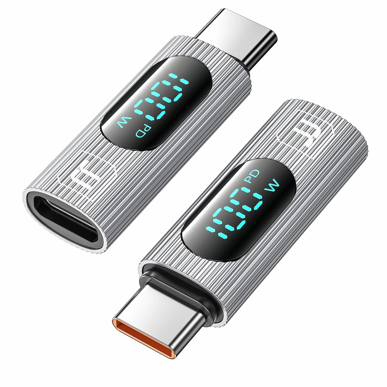 Adapter USB C, 2szt. 100W USB C żeński na USB C męski Adapter przedłużający Typ C Tester miernika mocy z cyfrowym wyświetlaczem do iPada Pro iPhone15Pro Max/MacBook Pro (Srebrny)