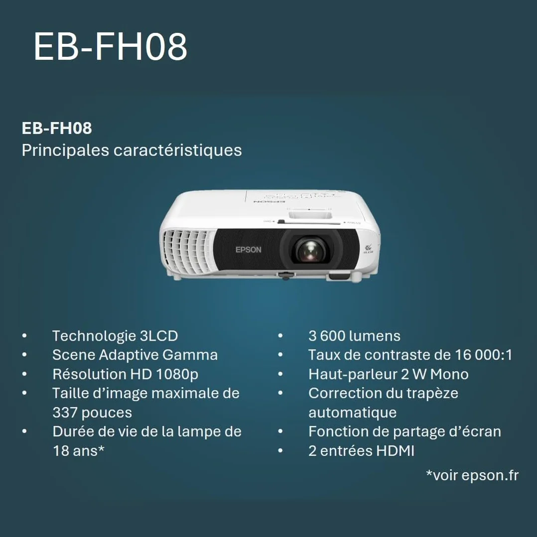 Epson EB-FH08 projektor 3LCD (3600 lumenów) 337 cali, przekątna ekranu ok. 8,56 m, 2 HDMI, 1920 x 1080p FullHD, funkcja dzielonego ekranu