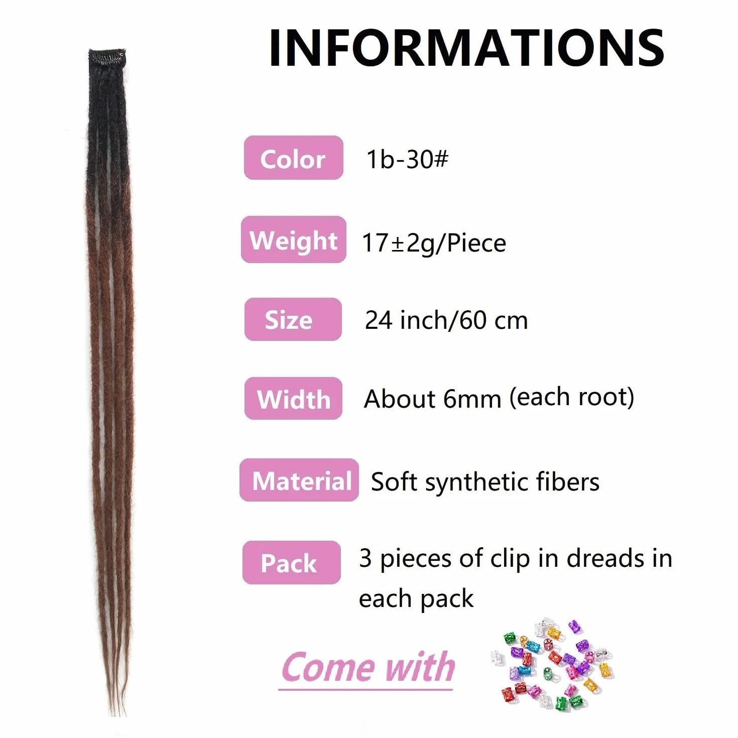Clip In Dreadlock Extensions 24 Inch 3PCS Ręcznie Robione Syntetyczne Dredy 0,6 cm z Klipsami Miękkie Szydełkowe Przedłużenia Loków