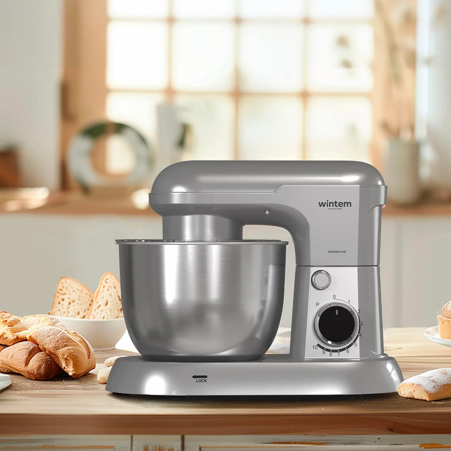 Avilia Ugniatarka planetarna Silver 1500 W z miską 5 l ze stali nierdzewnej - cicha praca z 10 prędkościami i funkcją pulsu - 3 akcesoria w zestawie haczyk do ciasta, trzepaczki i ubijaka