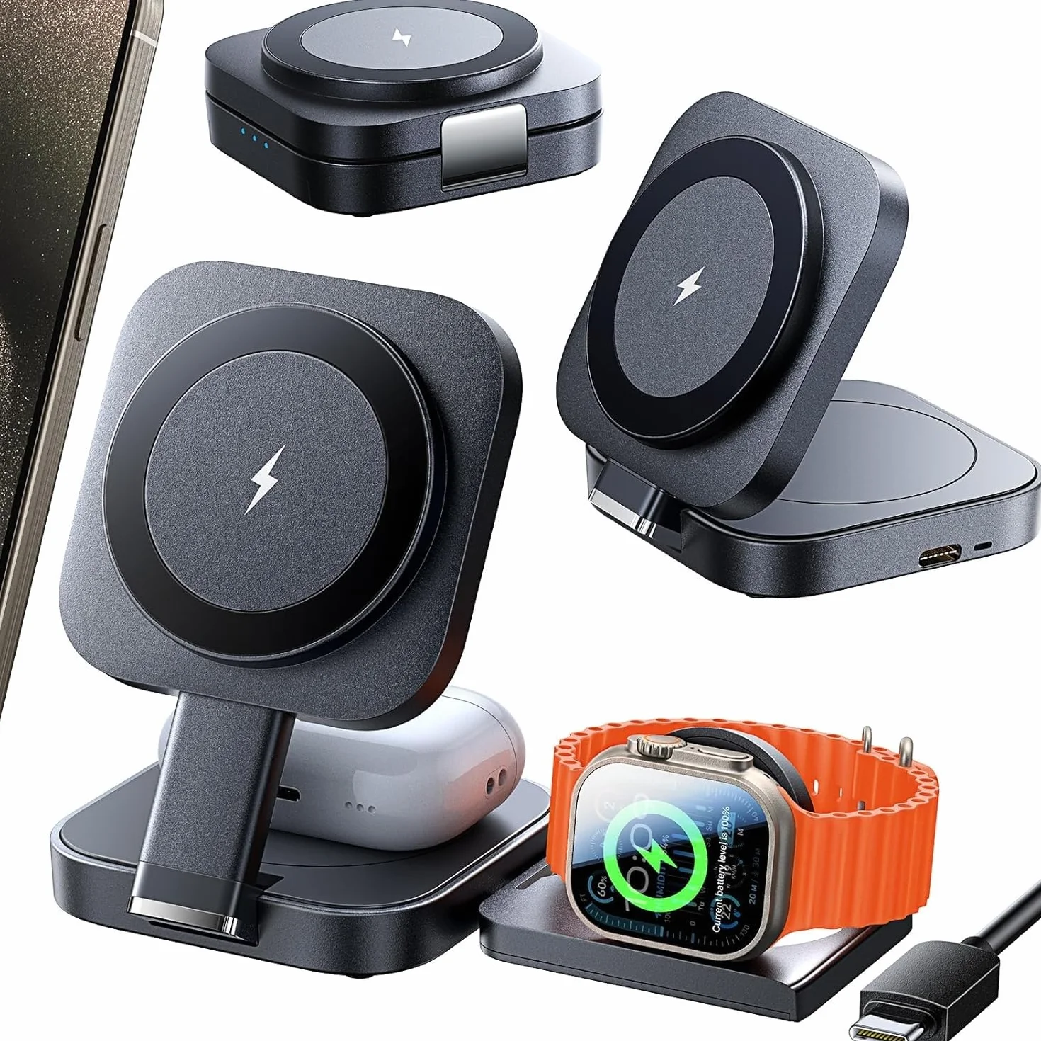 LISEN Stacja ładująca 3 w 1 do Apple Watch i iPhone'a, stacja ładująca Magsafe do wielu urządzeń, bezprzewodowa ładowarka do iPhone'a, Magsafe stojak, wygodna stacja ładująca do Apple Watch, Airpods