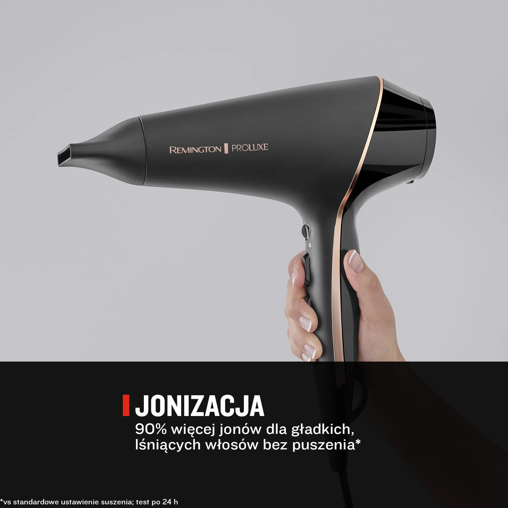 Remington suszarka do włosów z jonizacją, inteligentna tech. OptiHeat - utrwala fryzurę do 24h, 2 koncentratory i dyfuzor, lekka, zimny nawiew, moc 2400W, 150 km/h, PROluxe Midnight AC9140B