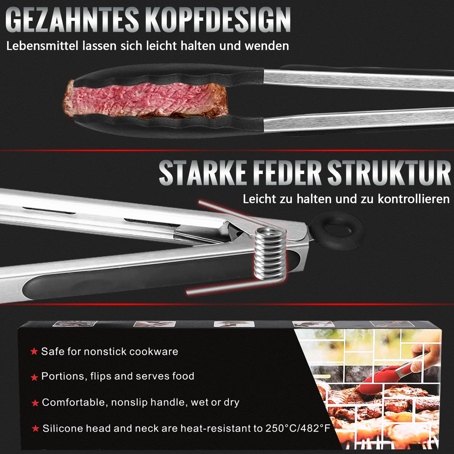 Royouzi Szczypce kuchenne ze stali nierdzewnej i silikonu, zestaw 3 szt., 18-23 cm, odporne na wysokie temperatury