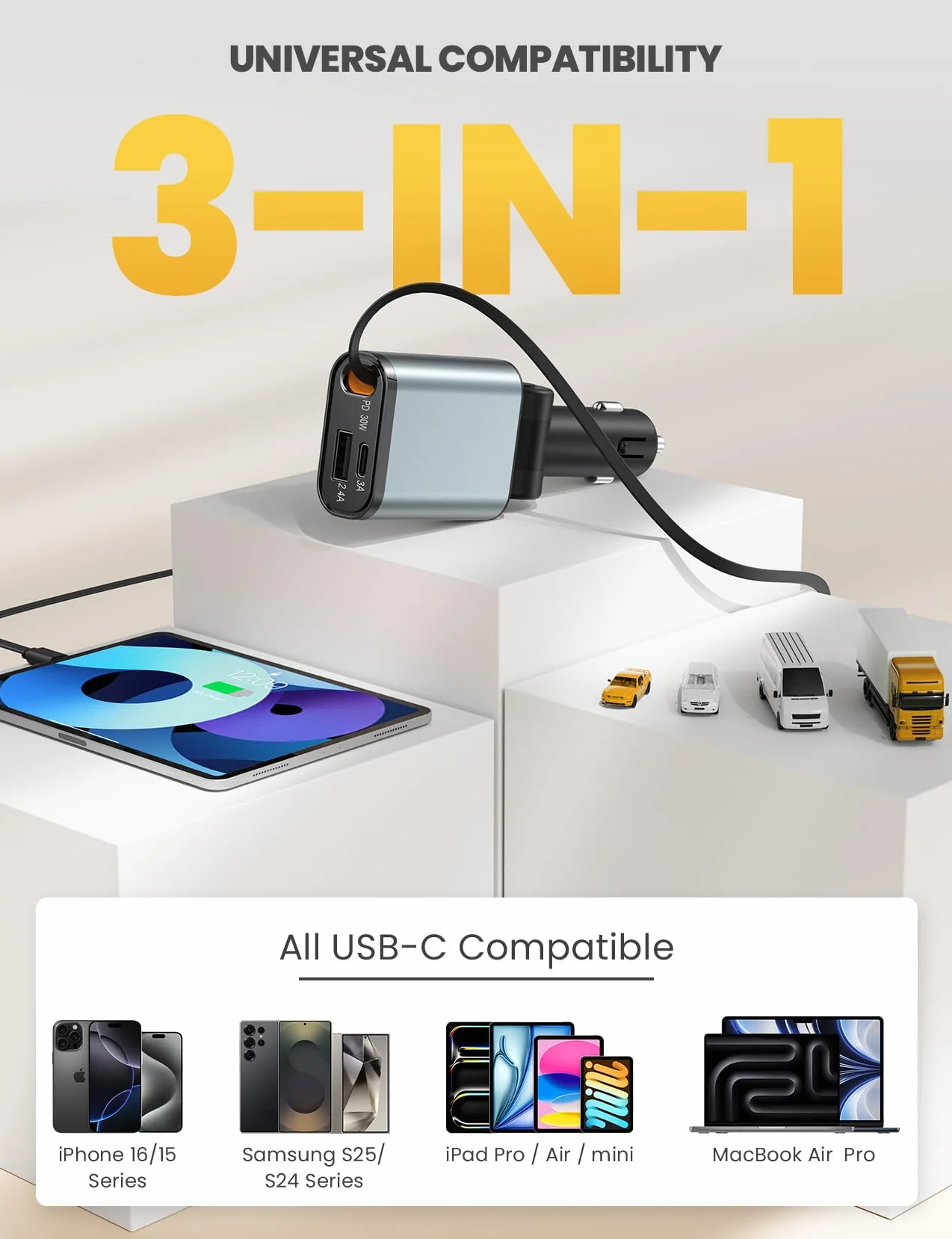 Wysuwana ładowarka samochodowa szybkie ładowanie 3 w 1 adapter 2 chowane kable szybkie ładowanie USB C 57 W adapter samochodowy z wyświetlaczem napięcia kompatybilny z IPhone16/Samsung dla 12V 24V Car