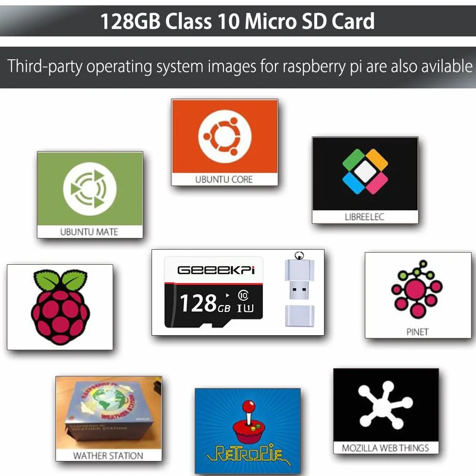 GeeekPi Zestaw startowy dla Raspberry Pi 4 8 ​​GB, płyta Pi 4 8 ​​GB RAM, karta SD 128 GB i karty SD, pasywna konstrukcja aluminiowa, 5 V 3,6 A Netzteil z EIN-/Ausschalter, 2 szt. Kabel HDMI 4K