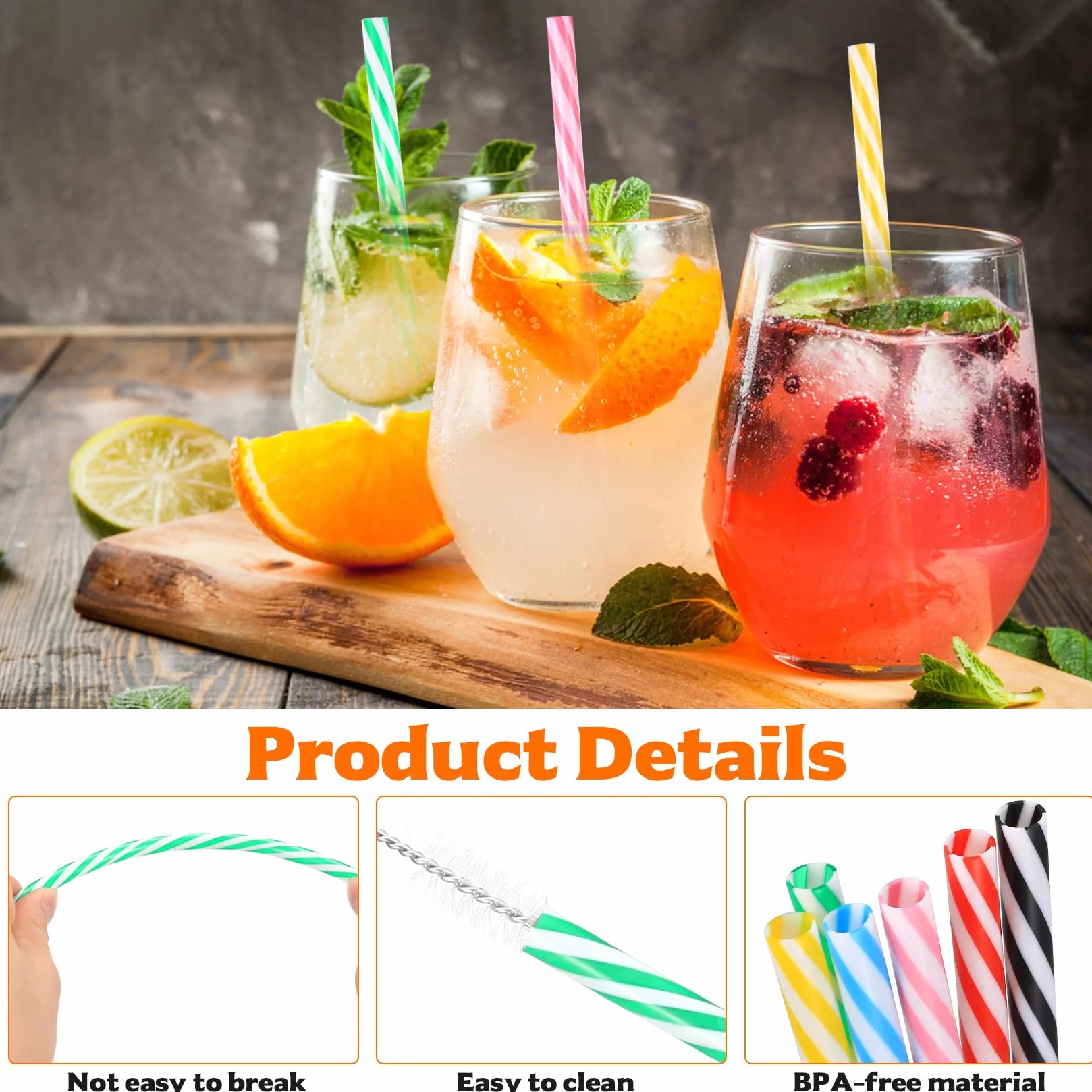 60 sztuk słomek wielokrotnego użytku, plastikowe słomki do koktajli, 23 cm, kolorowe słomki do picia, wielokrotnego użytku, do smoothie, napojów, soków, gorących napojów, rurek do picia, z 3
