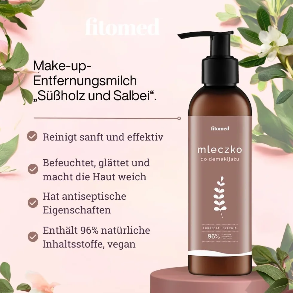 Fitomed Mleczko do czyszczenia ziół – naturalne, wegańskie oczyszczanie twarzy do skóry tłustej, mieszanej, suchej i normalnej – usuwanie makijażu z lukrecją i szałwią – nawilżanie – 200 g