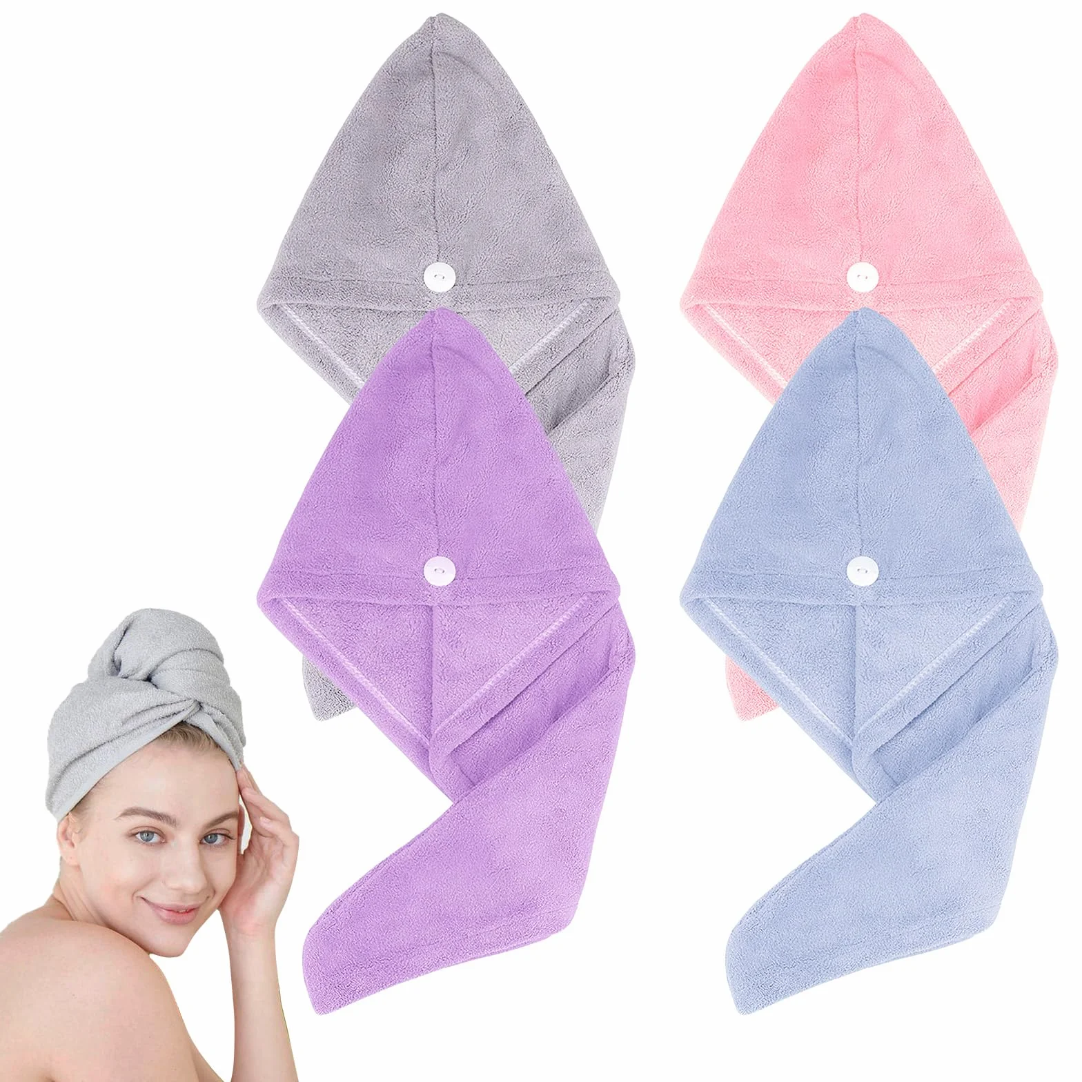 4 turban do włosów, ręcznik z mikrofibry, turban z guzikiem, super chłonny i szybkoschnący, z mikrofibry, do wszystkich rodzajów włosów (różowy, szary, jasnoniebieski, fioletowy)