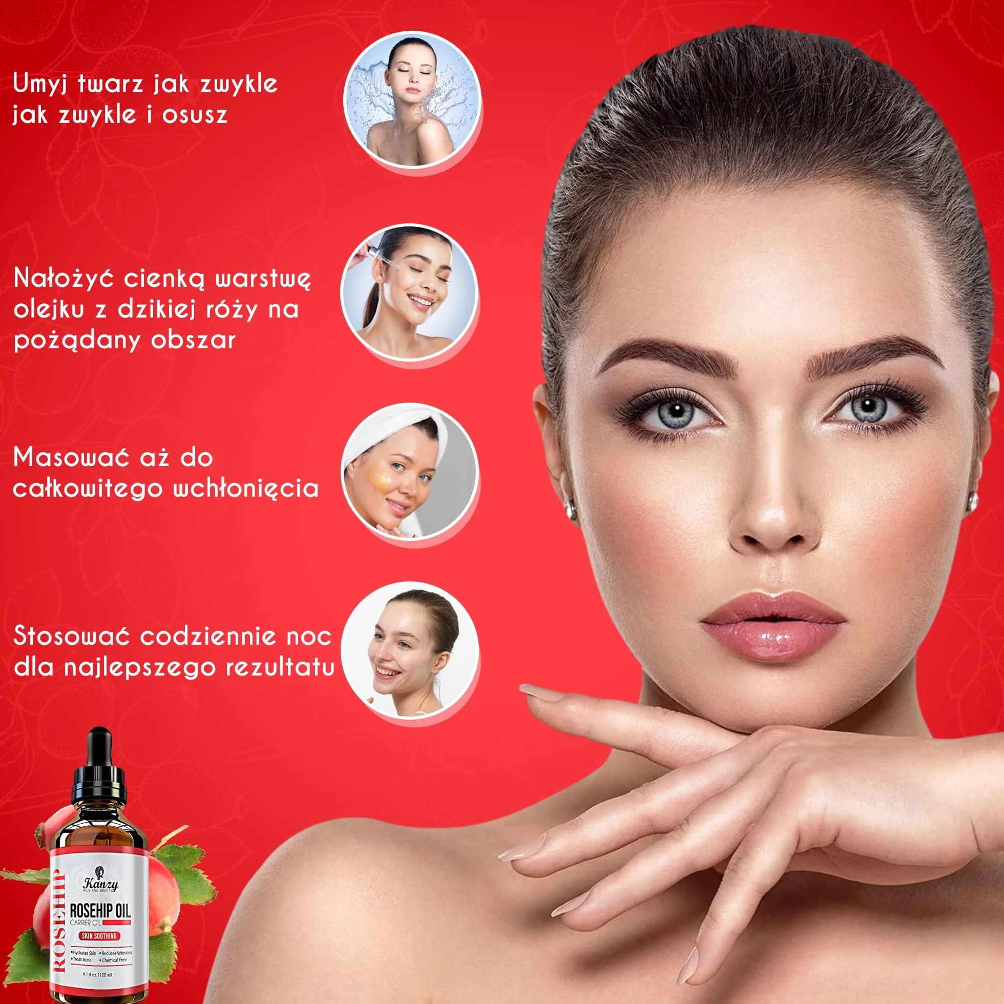 Kanzy Olejek Z Dzikiej Róży, Tłoczony Na Zimno, 100% Czysty 120 ml Rosehip Oil Do Skóry Paznokci Olejek Do Twarzy Ciała Wegański Wolny Od Heksanu, Naturalny Rosehip Seed Oil