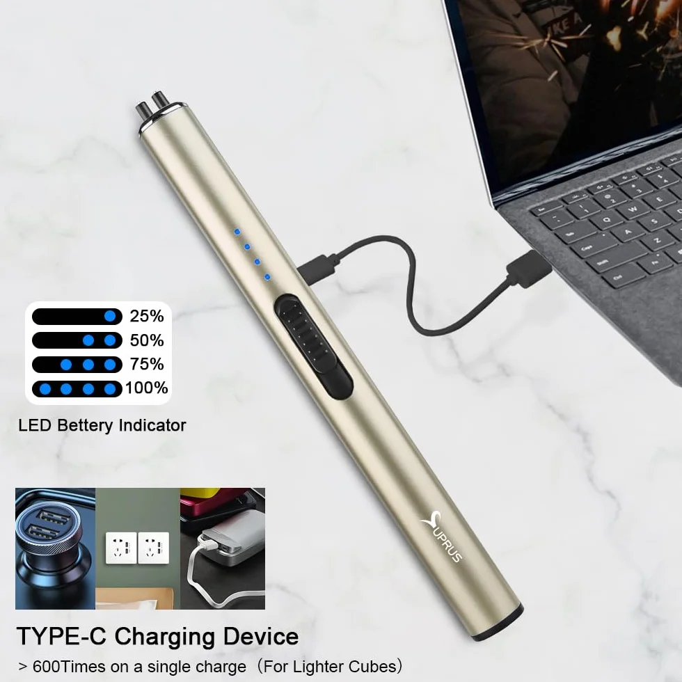 SUPRUS Elektryczna zapalniczka wiatroszczelna, bezpłomieniowa, ładowana przez USB-C, z łukiem elektrycznym, do wielokrotnego ładowania, z zamkiem bezpieczeństwa