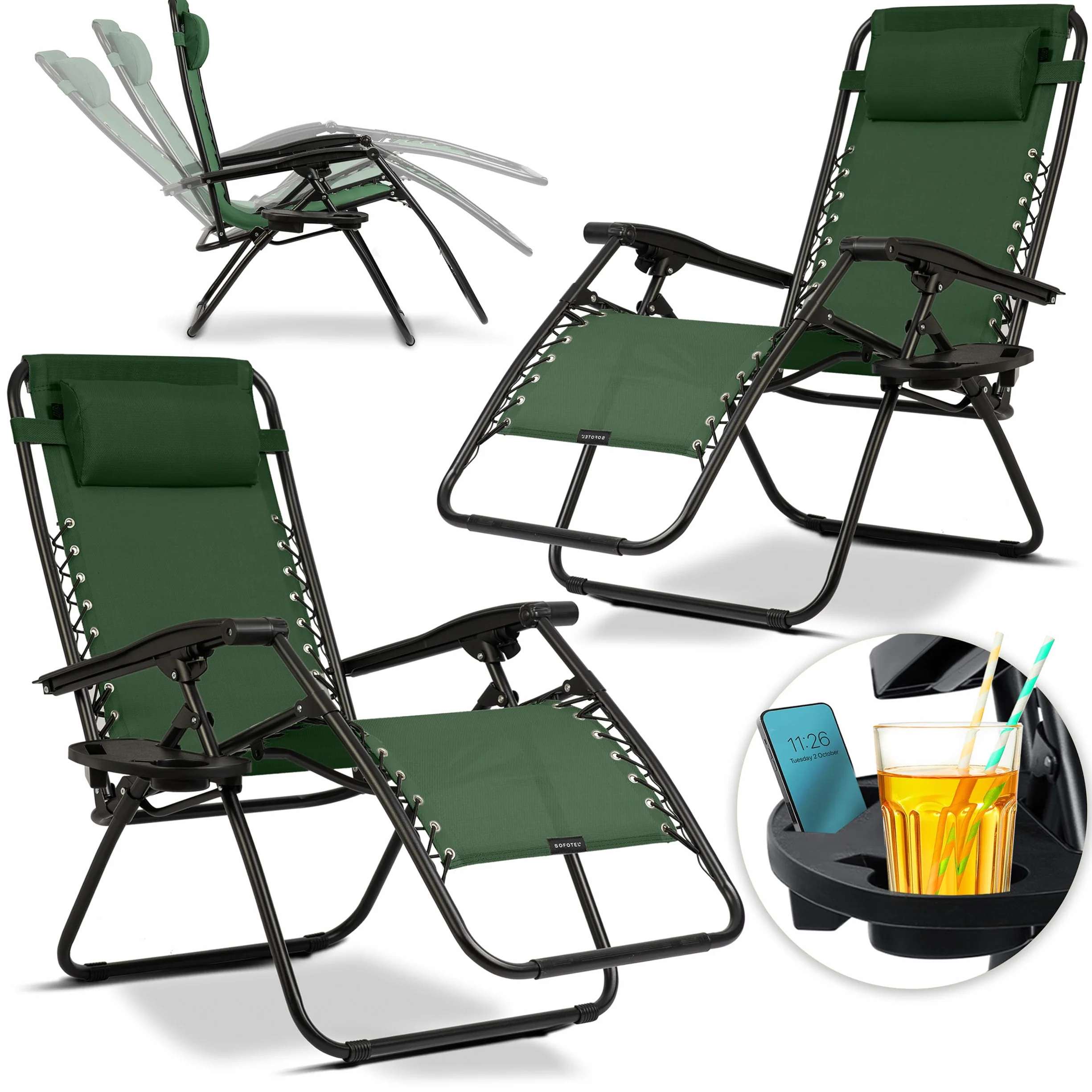 Leżak Ogrodowy ChillWell Składany z Poduszką 120 kg 110x102x60 cm Zielony 2 Sztuki