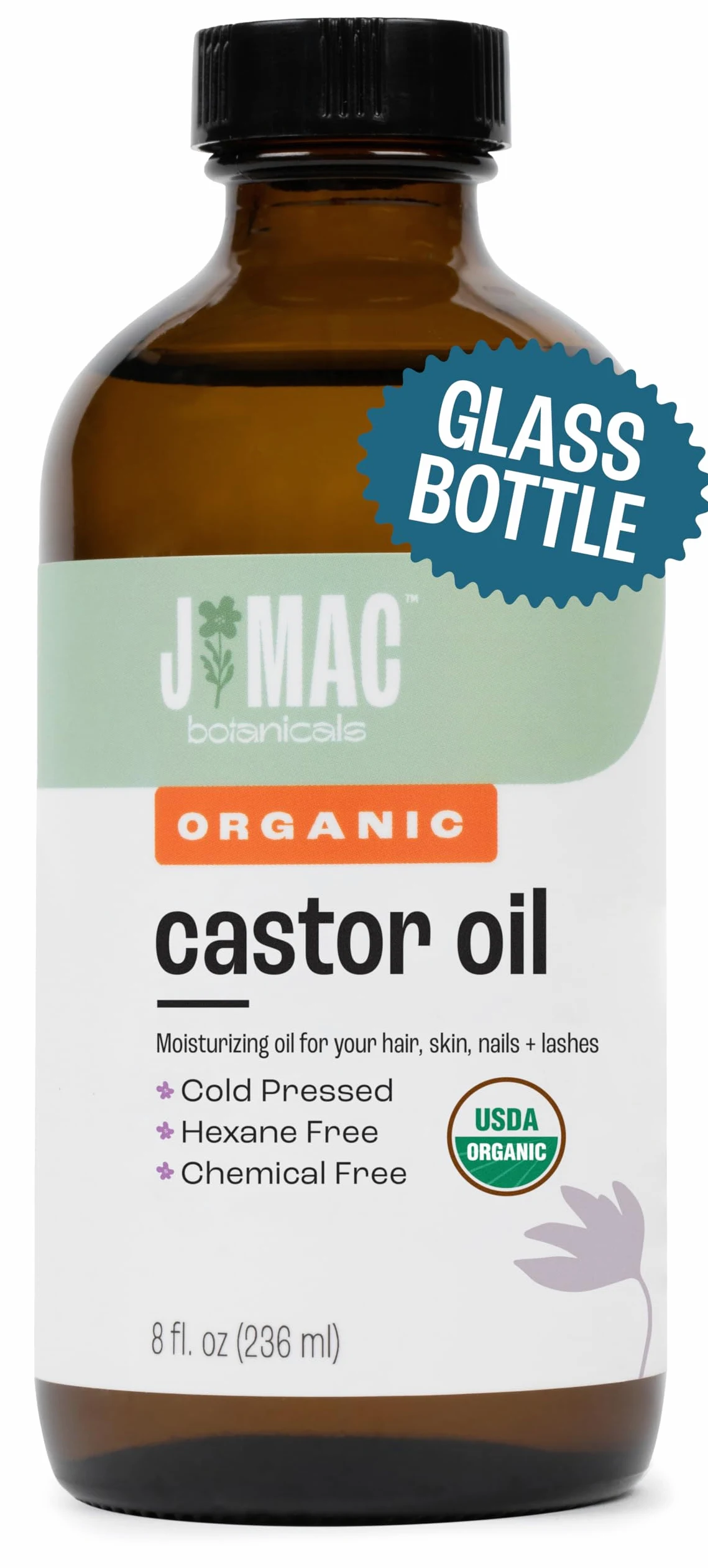 J MAC BOTANICALS Organiczny olej rycynowy tłoczony na zimno (szklana butelka, 8 uncji, bez zakraplaczy), czysty olej rycynowy, bez heksanu, olej rycynowy do twarzy, skóry, olej rycynowy do rzęs
