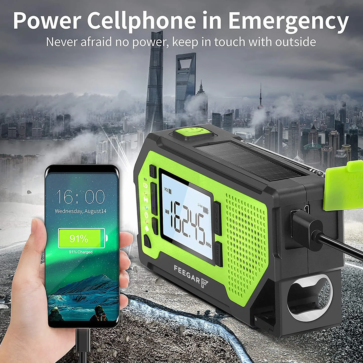 Radio z korbą Feegar Oze Pro na wypadek sytuacji awaryjnych, radio pogodowe AM/FM przenośne, survivalowe z latarką LED, powerbank 2000mAh, alarm SOS, USB, jack 3.5mm, otwieracz do butelek