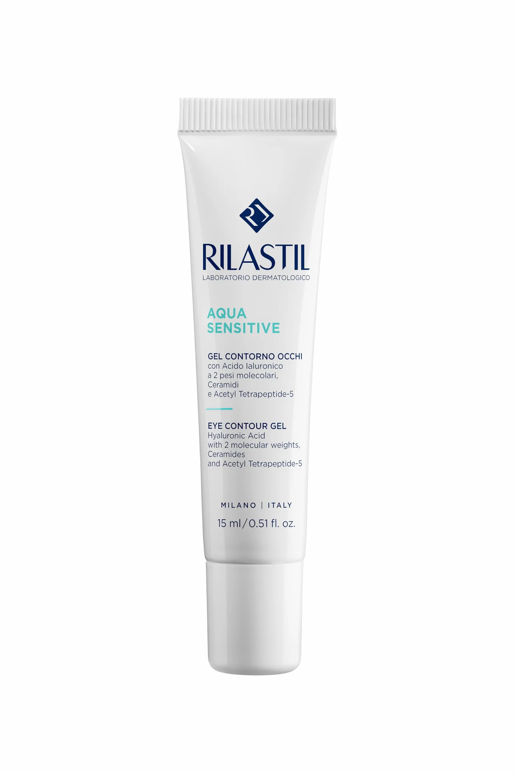 Rilastil Aqua Sensitive żel do konturu oczu, działanie nawilżające, przeciwborowe, przeciwcienie dla wszystkich rodzajów skóry, opakowanie 15 ml