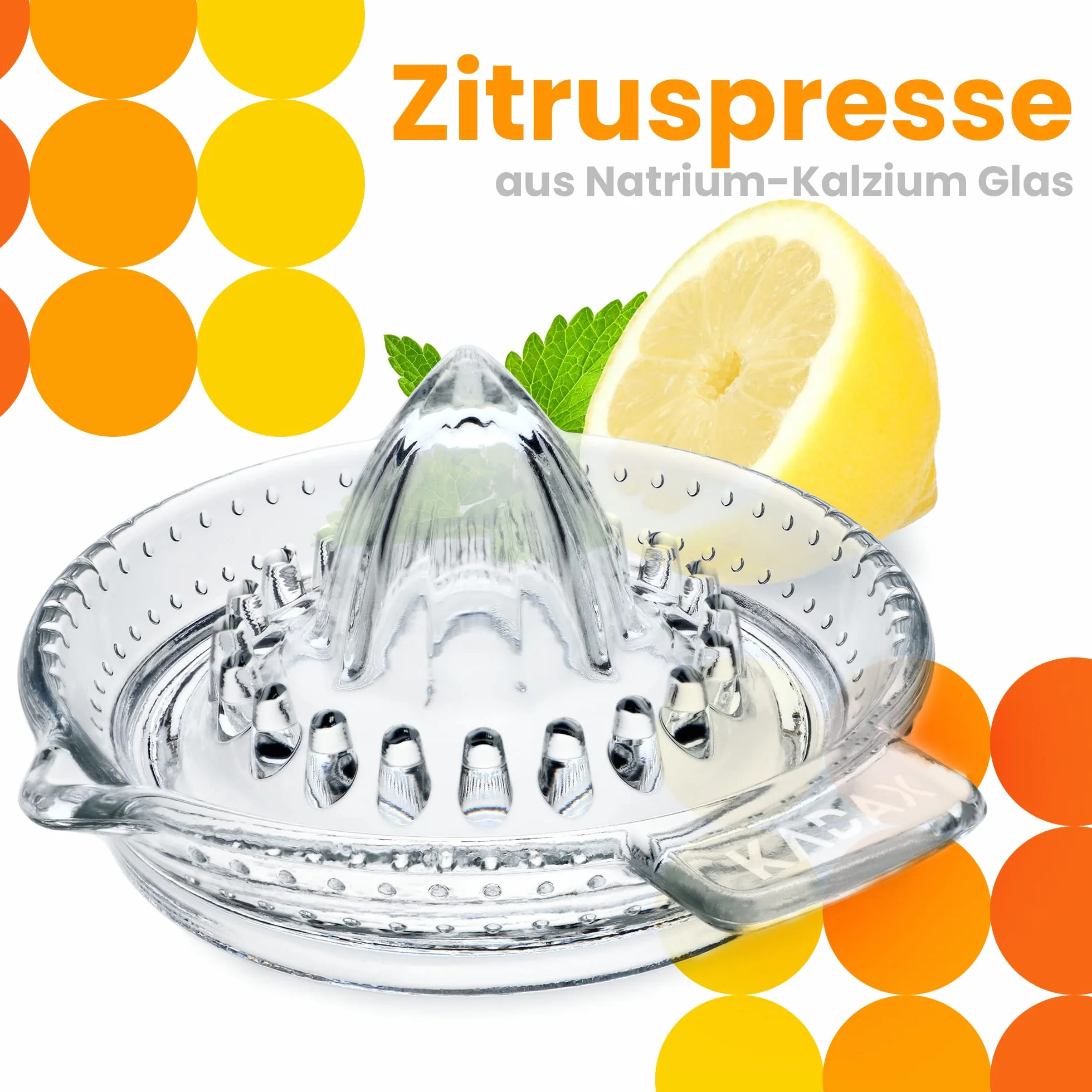 KADAX Ręczna wyciskarka do cytrusów z dzióbkiem, szklana, do cytryn, limonek i pomarańczy, wylewanie bez rozchlapywania, nie pochłania zapachów, do zmywarki