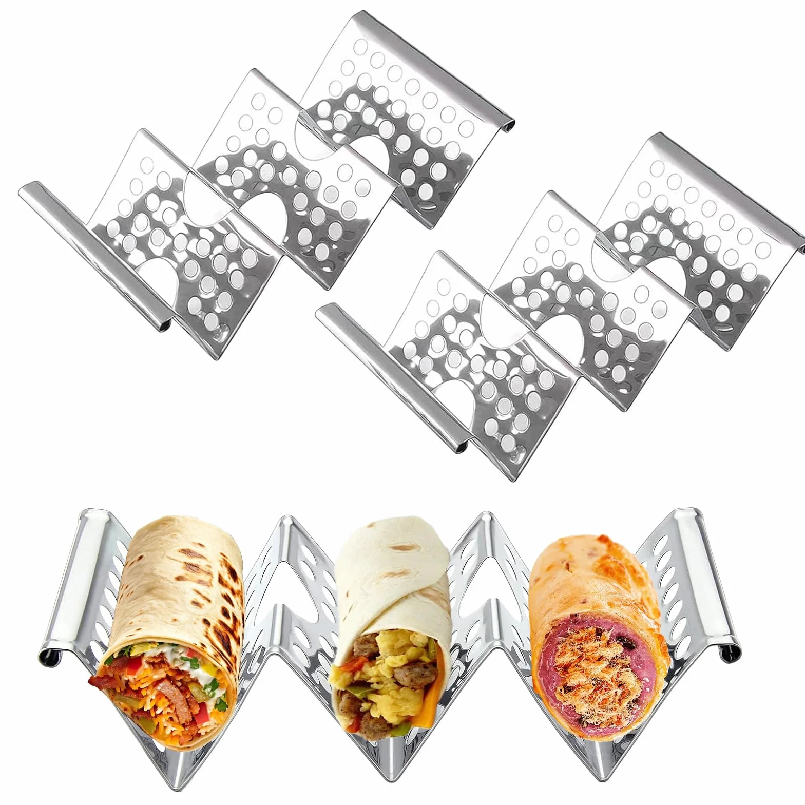 Taco stojak ze stali nierdzewnej, meksykański stojak taco na imprezę, tortilla, kształt fali, uchwyt na hotdog do przechowywania tacos, hot dogów, kanapek, naleśników, kiełbasek, 3 sztuki