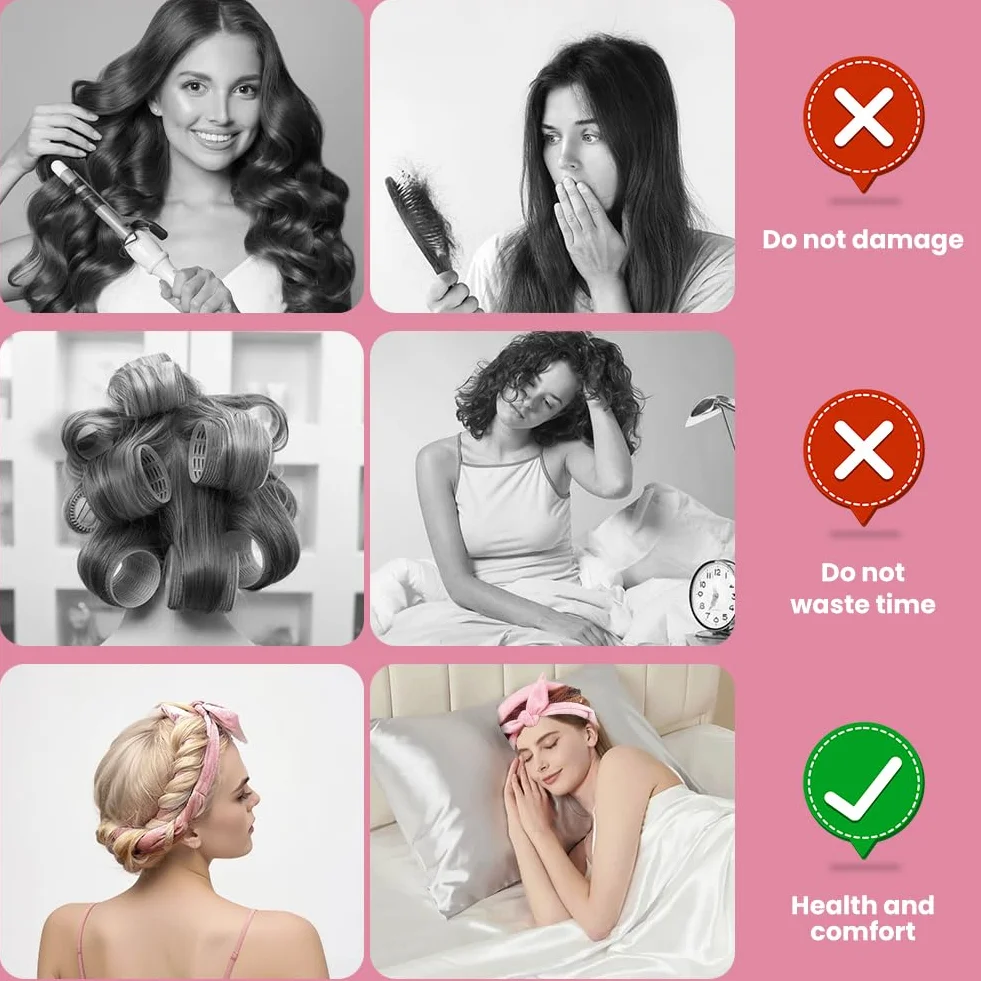 6 sztuk wałków do włosów na noc, aksamitne kręcenie włosów Heatless Overnight Curls, bez wysokiej temperatury, zestaw "zrób to sam", heatless curls do długich i średnich włosów (różowe)