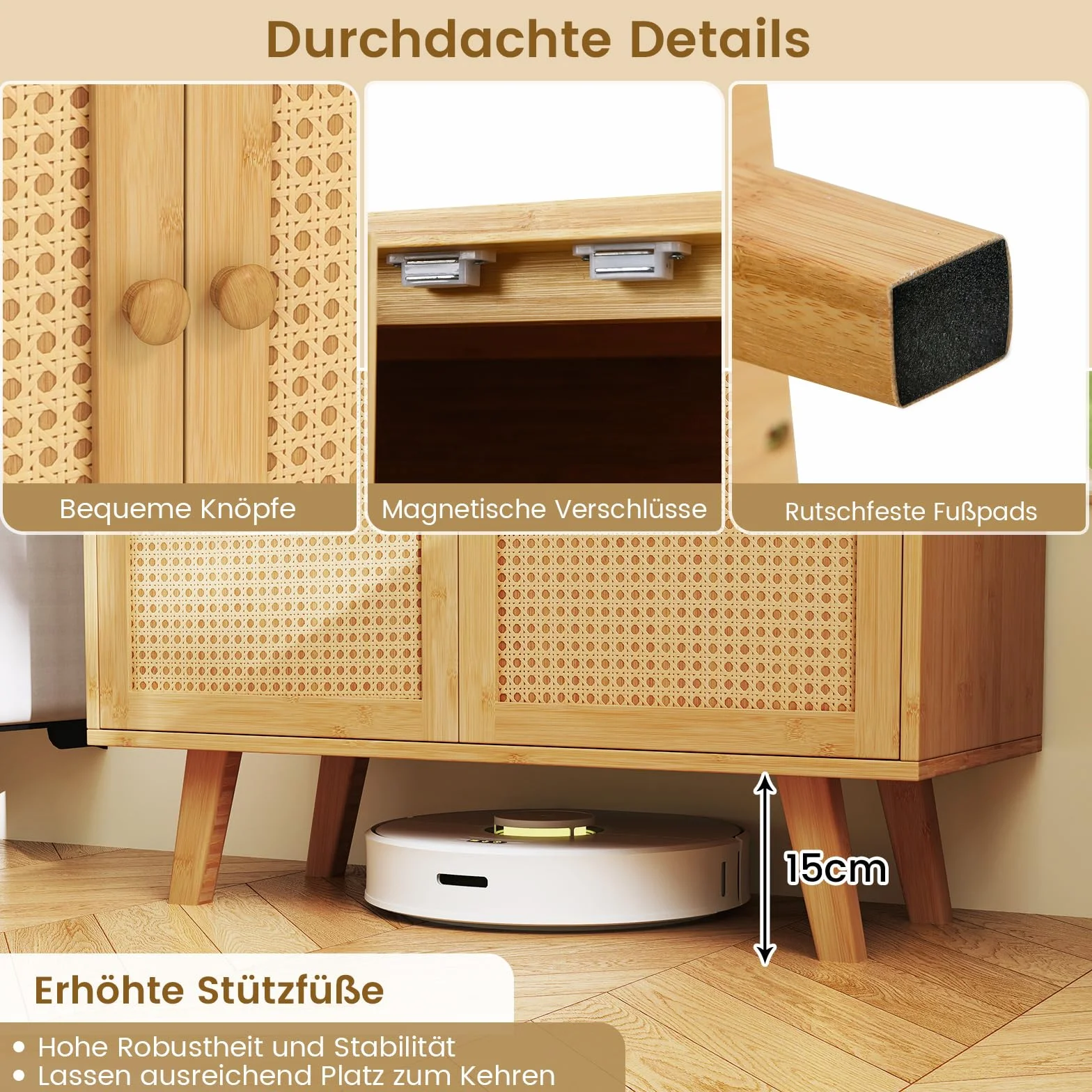 COSTWAY Kredens z rattanowymi drzwiami bambusowa szafka kuchenna z blatem roboczym 80x34.5x85 cm naturalny