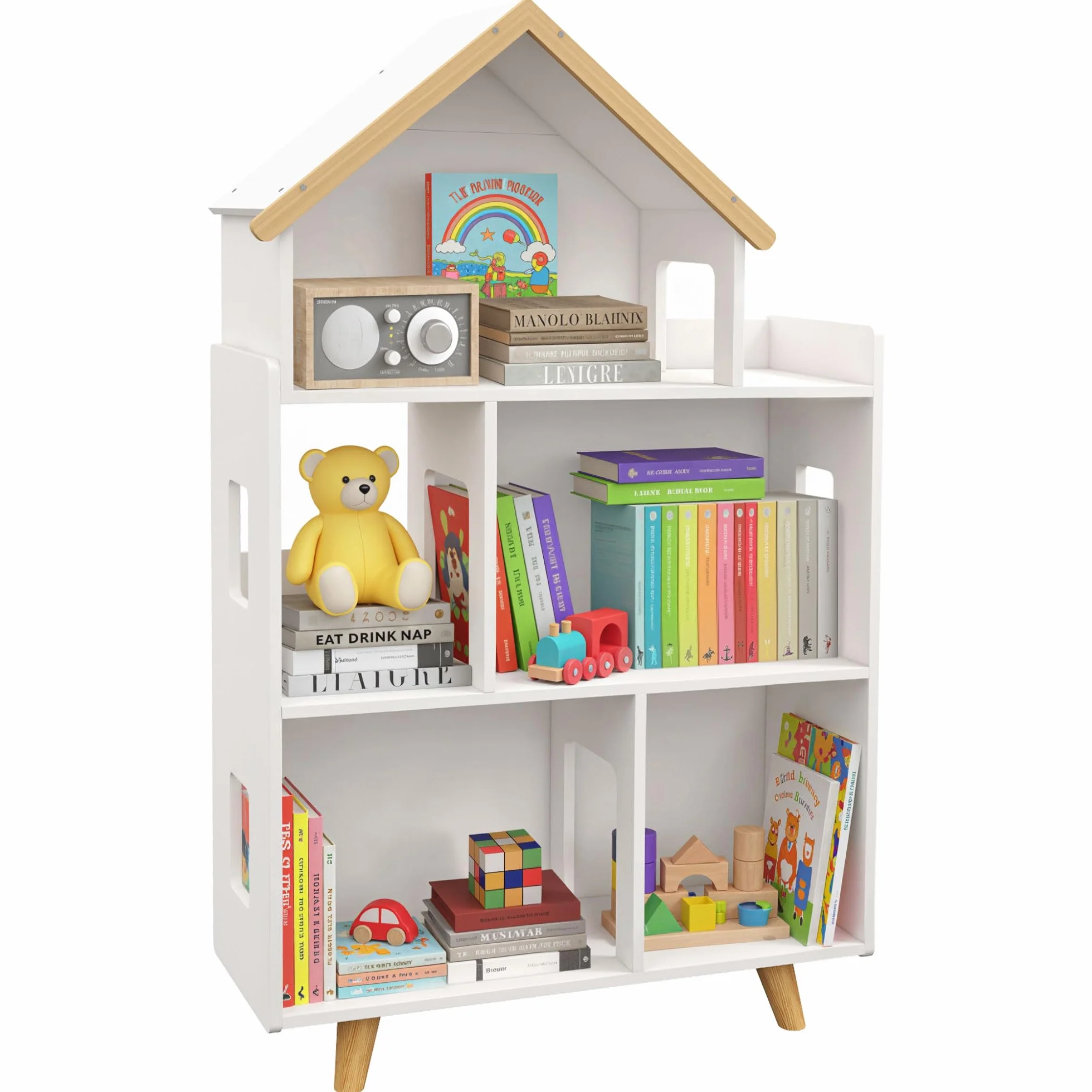 ZONEKIZ Regał do przechowywania zabawek 3 półki lite drewno 65x25x108,5 cm biały naturalny