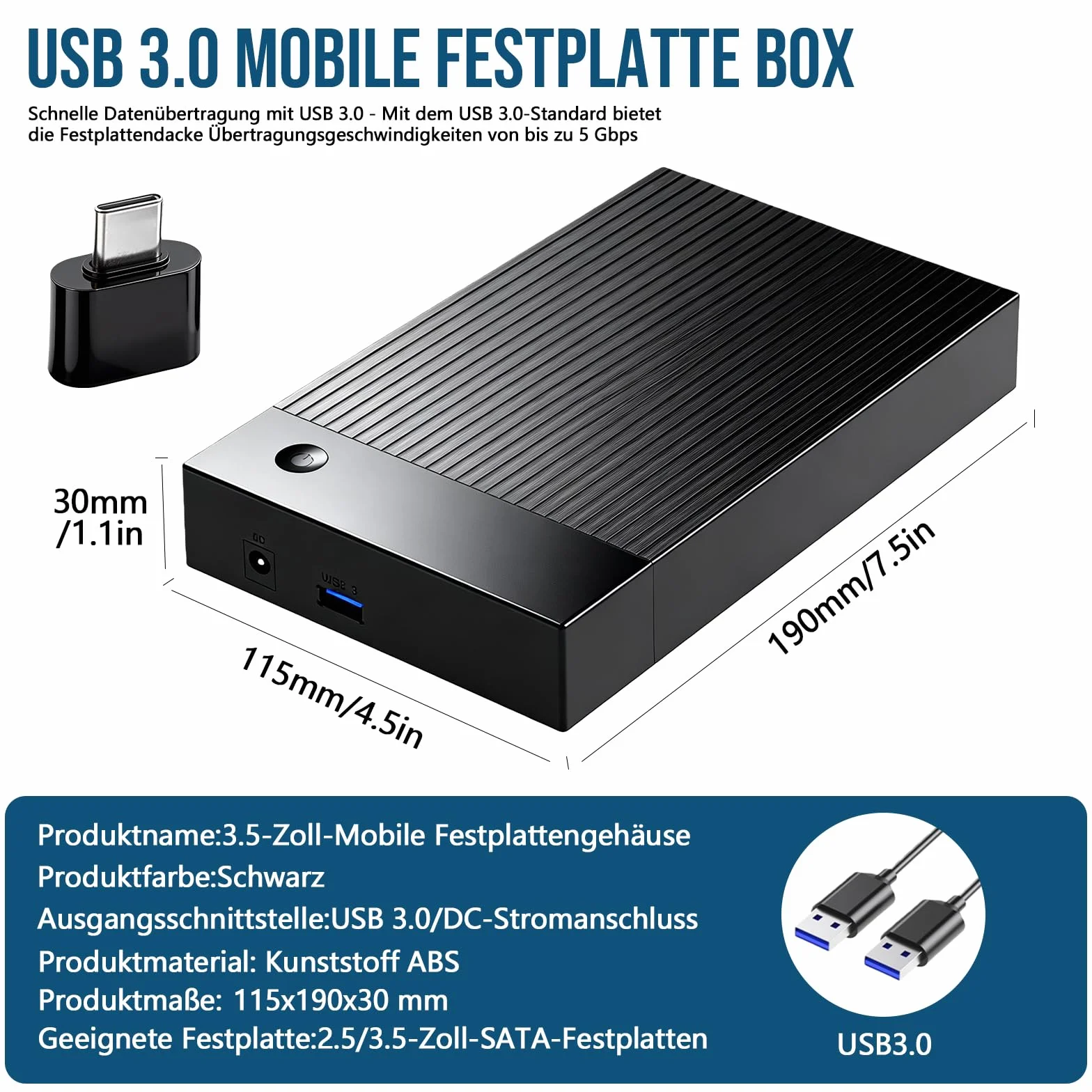 Stacja dokująca do dysków twardych USB 3.0 SATA HDD/SSD, zewnętrzny adapter do dysku twardego 2,5 i 3,5 cala, obudowa dysku twardego 3,5 z UASP, 16 TB, szybki i beznarzędziowy