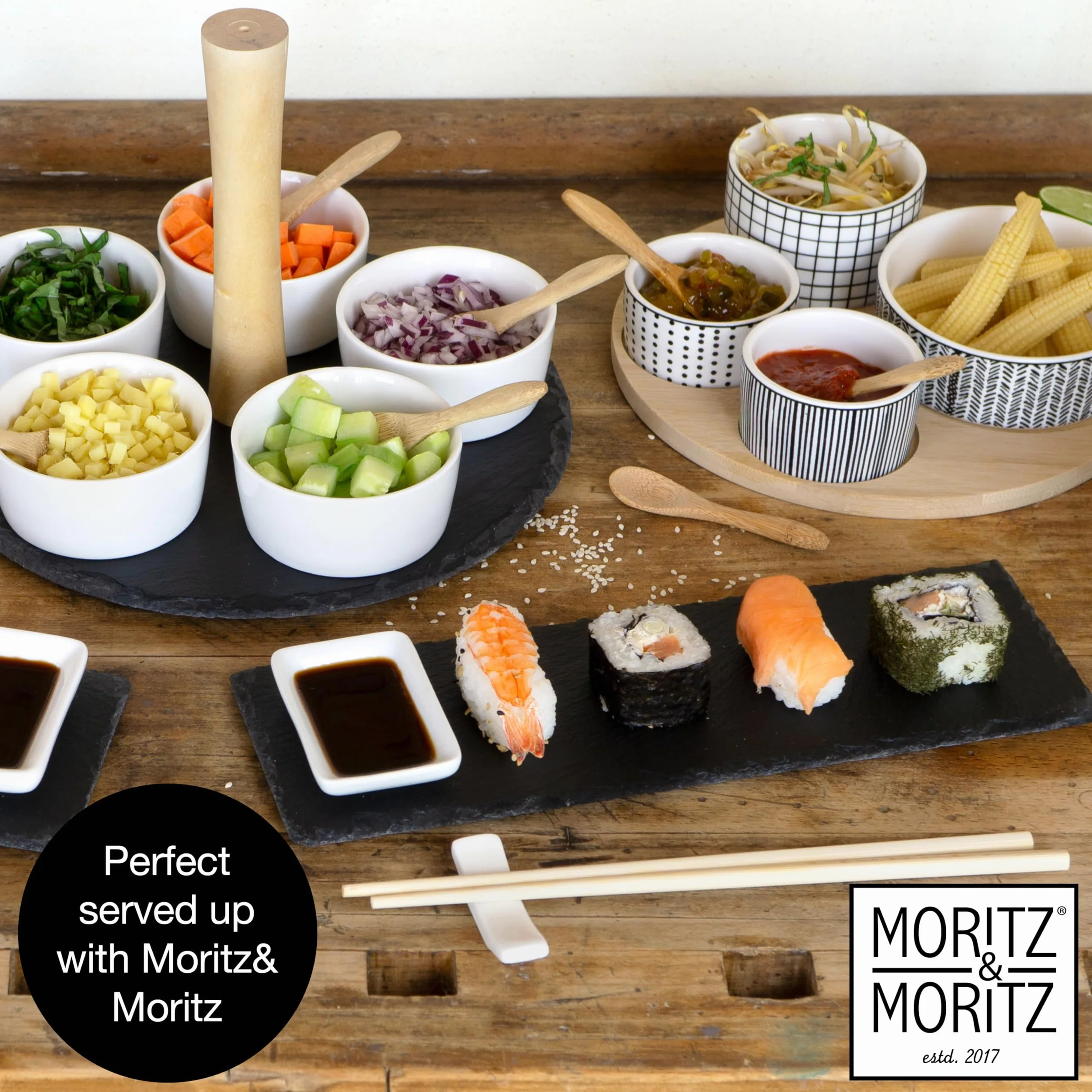 Moritz & Moritz Zestaw do sushi 10-częściowy płyta łupkowa 30x10 cm z miseczkami na dip i pałeczkami
