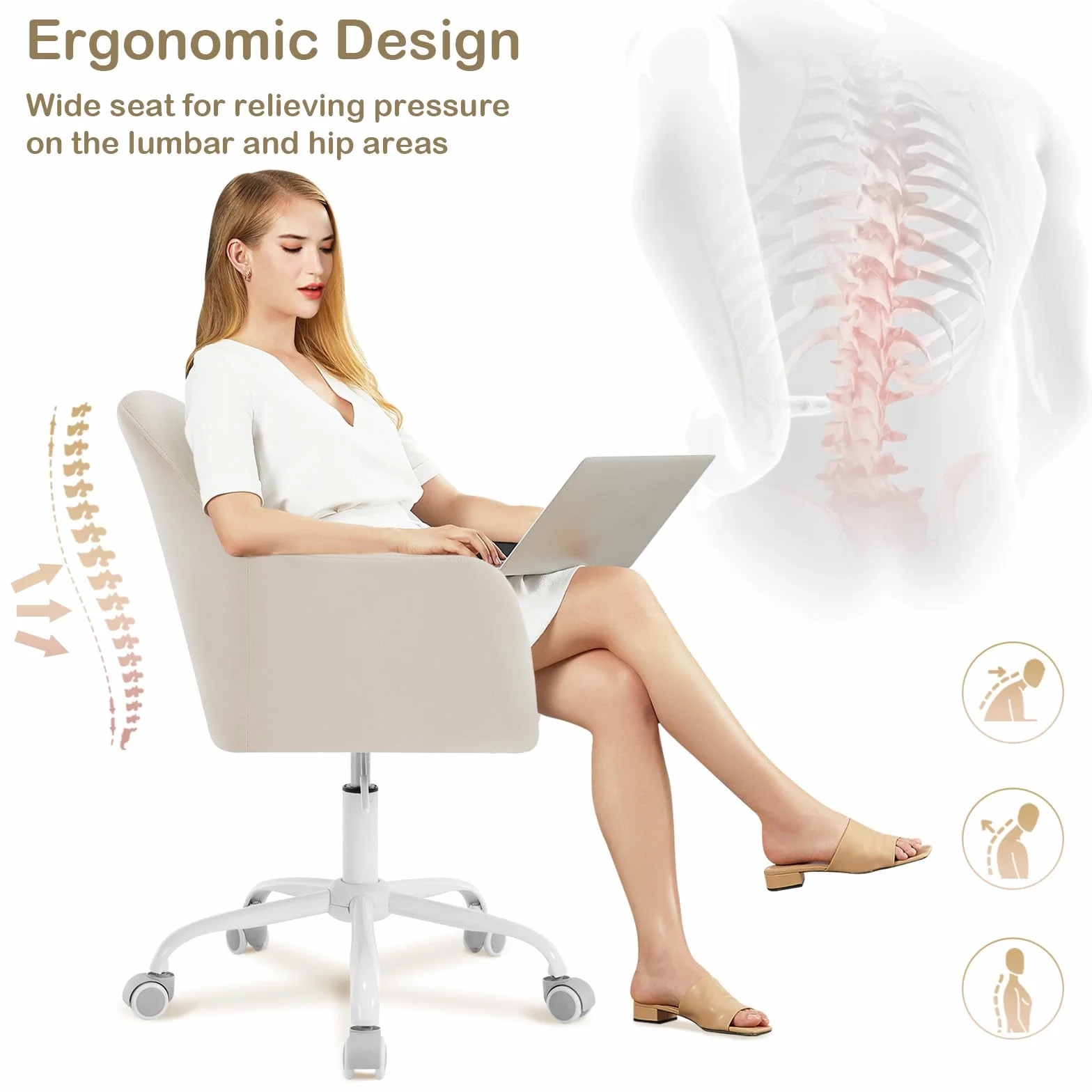 WOLTU fotel biurowy ergonomiczny z regulacją wysokości obrotowy na rolkach aksamitne obicie metalowy podłokietnik