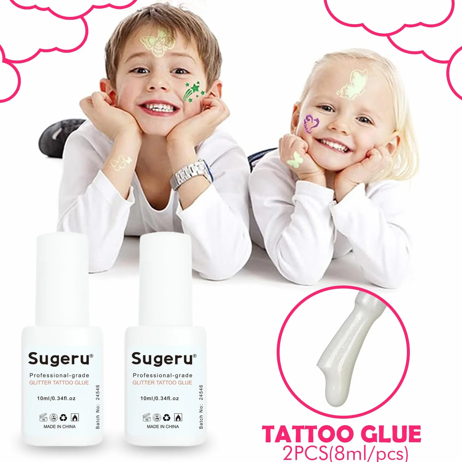 Sugeru® 2 sztuki kleju do brokatowych tatuaży (10 ml) – brokatowy klej do tatuażu – delikatny i niedrażniący – nadaje się na karnawał, imprezę, do malowania twarzy, Halloween, do odgrywania ról