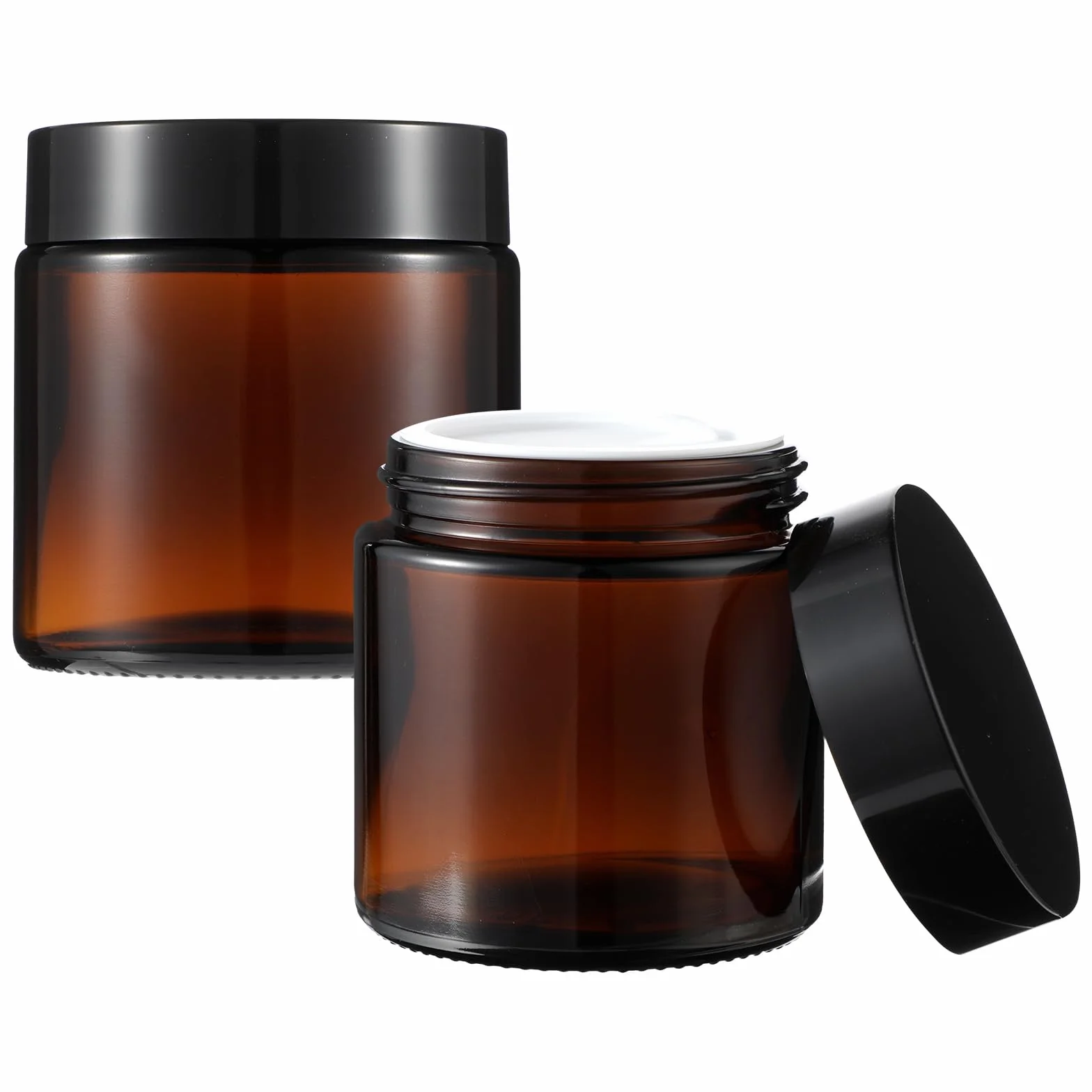 Słoiki ze szkła bursztynowego 100 ml 2 sztuki z wkładkami i czarnymi pokrywkami