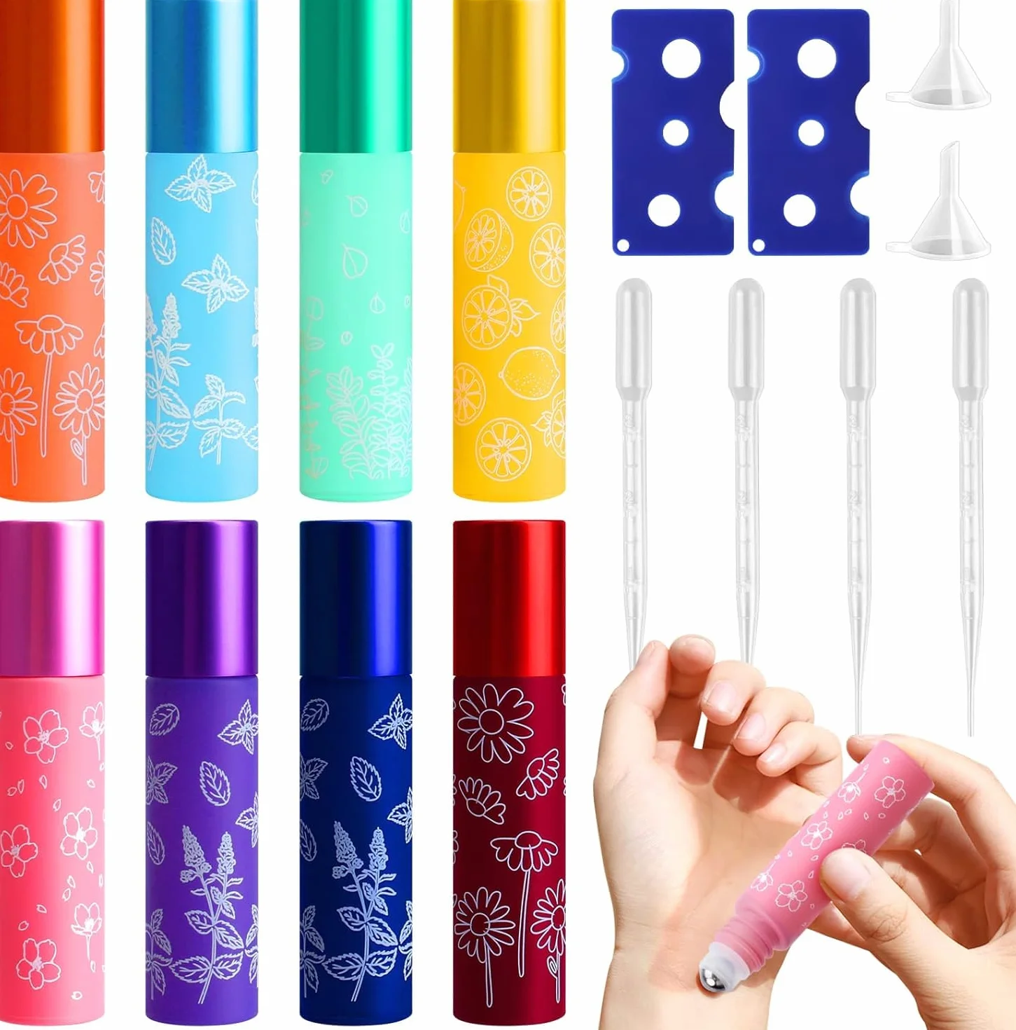 UMILKI 8 sztuk 10 ml butelek szklanych z rolkami na olejki eteryczne, z kulkami ze stali nierdzewnej, 10 ml do ponownego napełniania, do olejków eterycznych, perfum (z lejkiem, otwieraczem,