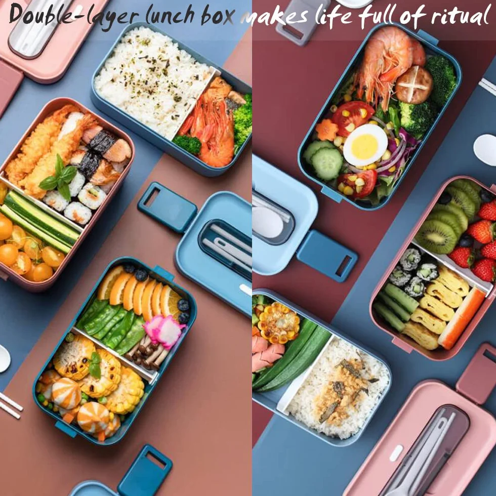 Pudełko na lunch Bento 1600 ml Niebieskie, 2-warstwowe pudełko na lunch z torbką na lunch i sztućcami, bezpieczne do mikrofalówki, bez BPA, idealne dla dzieci i dorosłych do szkoły, biura i pikniku