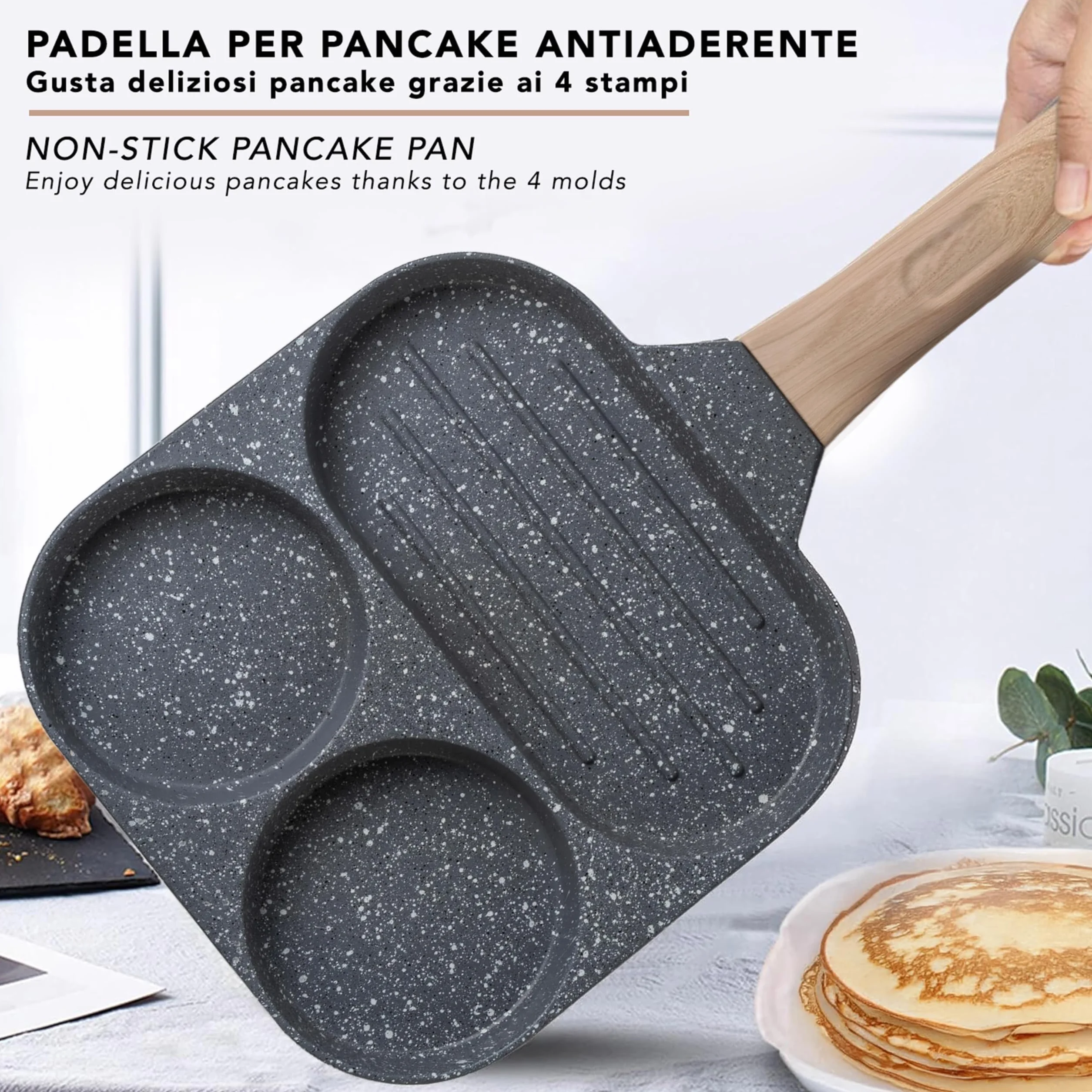 IPEA Nieprzywierająca patelnia do naleśników do indukcji i gazu – 21 cm, aluminiowa patelnia antyadhezyjna, do omletów, naleśników, jaj, hamburgerów, patelni z 4 formami - Super wygodny uchwyt