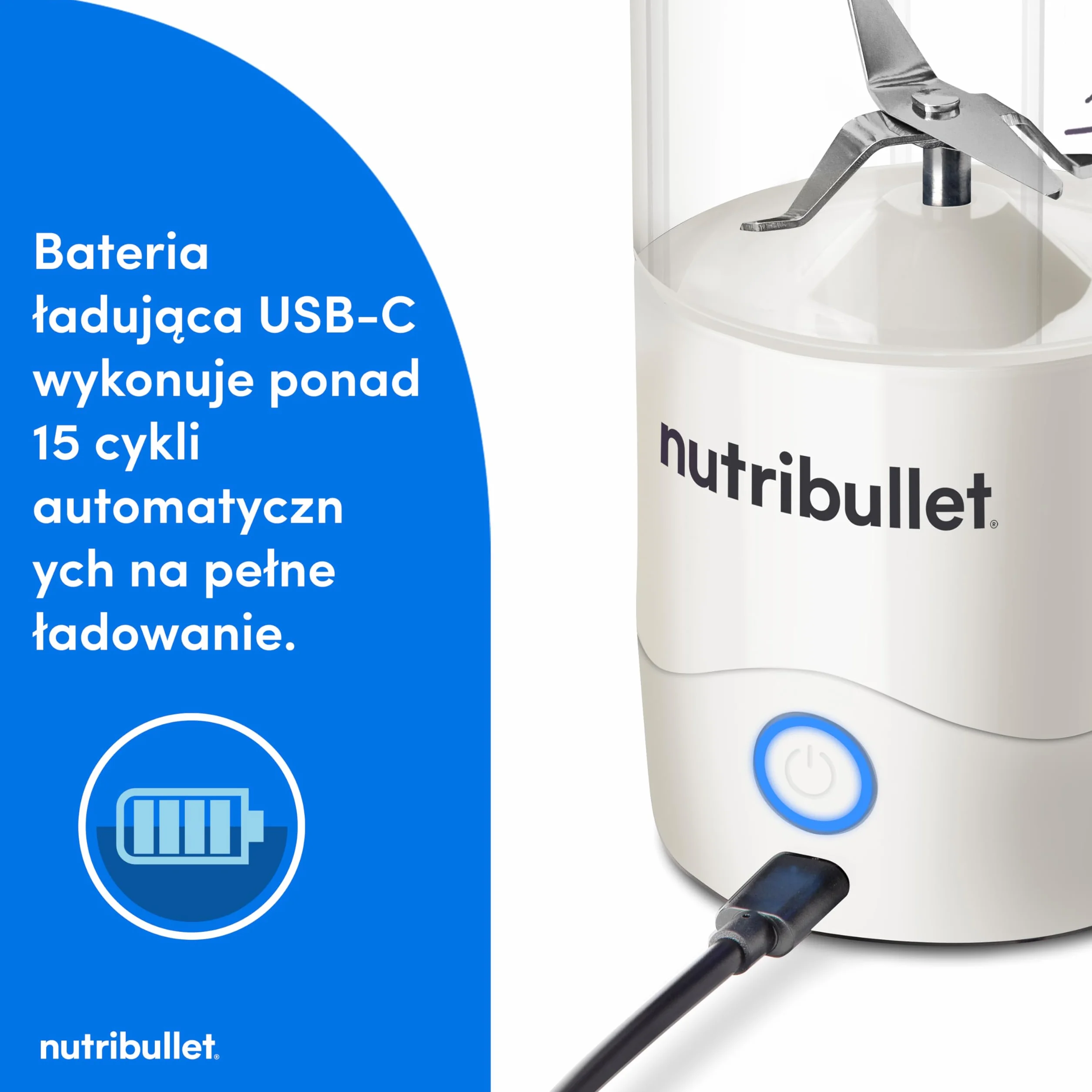 Nutribullet Lekki Przenośny Blender, 475 ml bez BPA Tritan, Mini Blender, 4-Stronne Ostrze ze Stali Nierdzewnej, Wielofunkcyjny, Ładowarka USB-C, ponad 15 Cykli Mieszania, Biały, NBP003W
