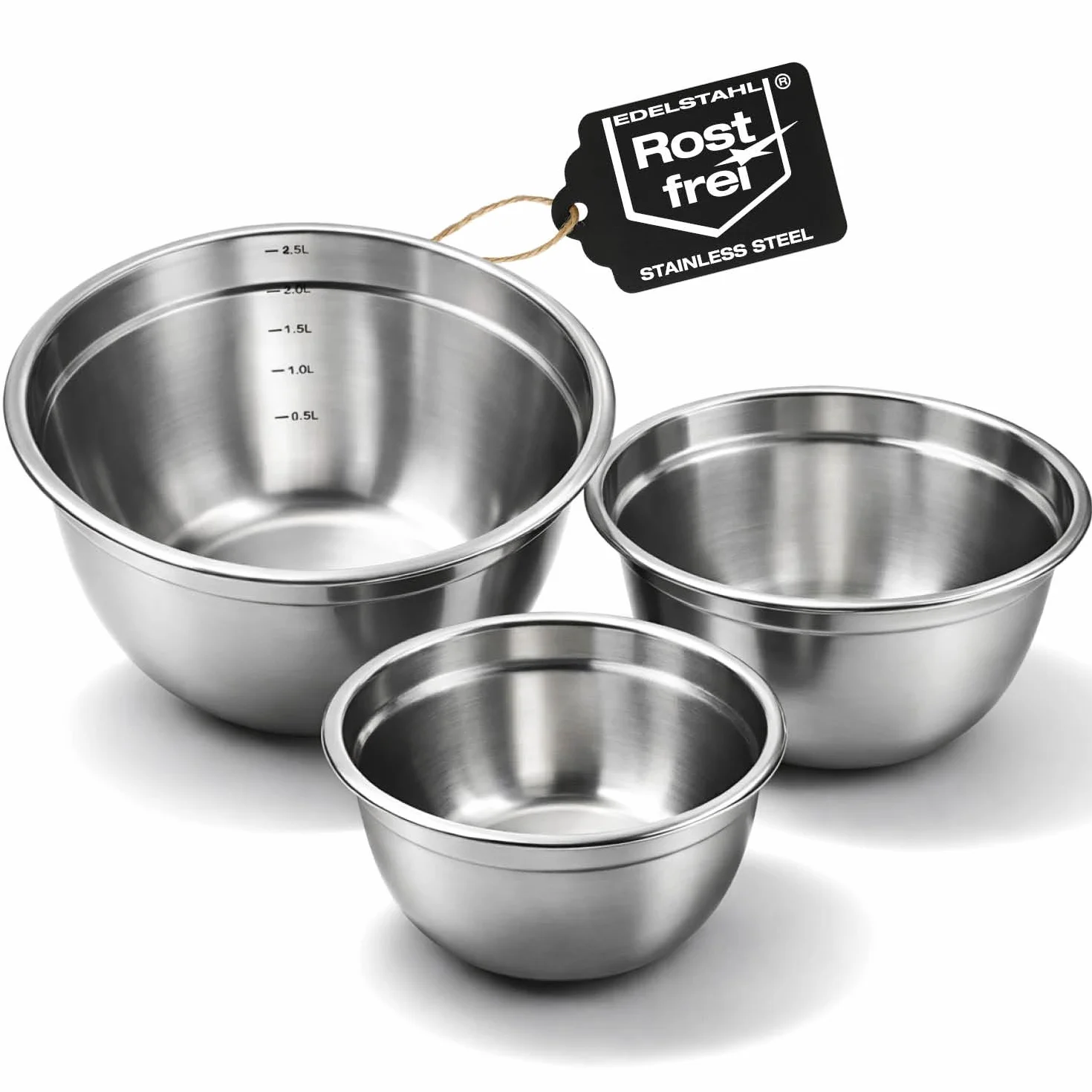 Zestaw 3 misek ze stali nierdzewnej 500 ml 1000 ml 2500 ml do pieczenia gotowania serwowania