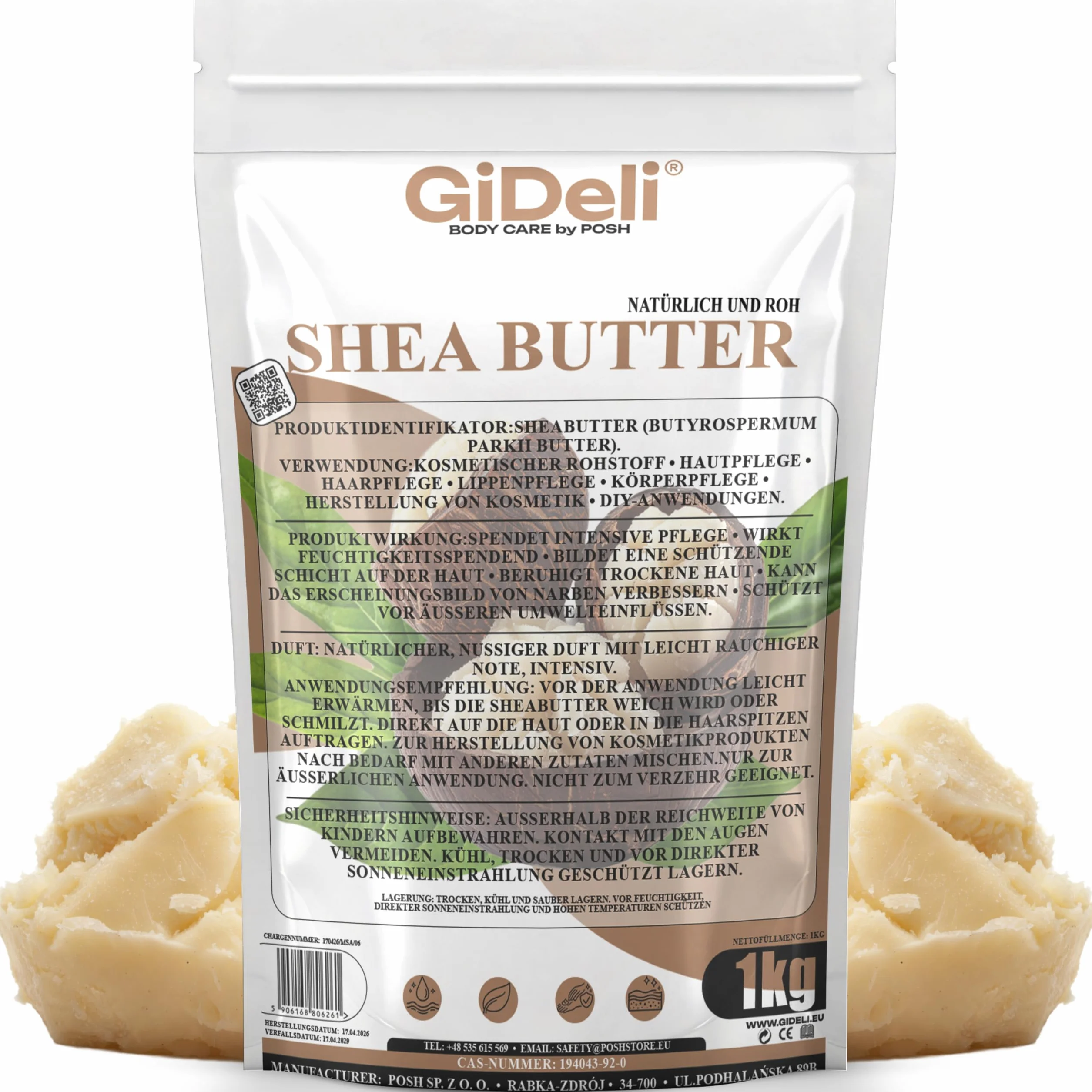 GiDeli Organiczne masło shea, 1 kg, nierafinowane, ręcznie ugniatane, klasa A, czyste hebanowe afrykańskie masło shea, całkowicie naturalne, balsam do ust i ciała o gładkiej konsystencji dla
