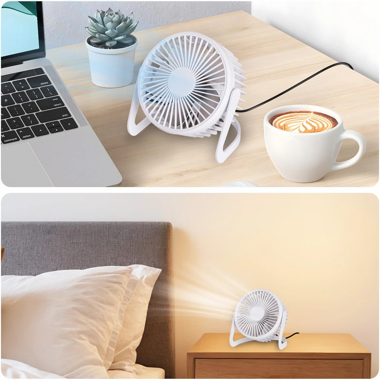 WD&CD Wentylator biurkowy USB, cichy mini wentylator, przenośny, stołowy, do biura, domu, akademika, na podróż, obrót o 360°, energooszczędny, kompaktowy wentylator chłodzący, 13 cm, biały