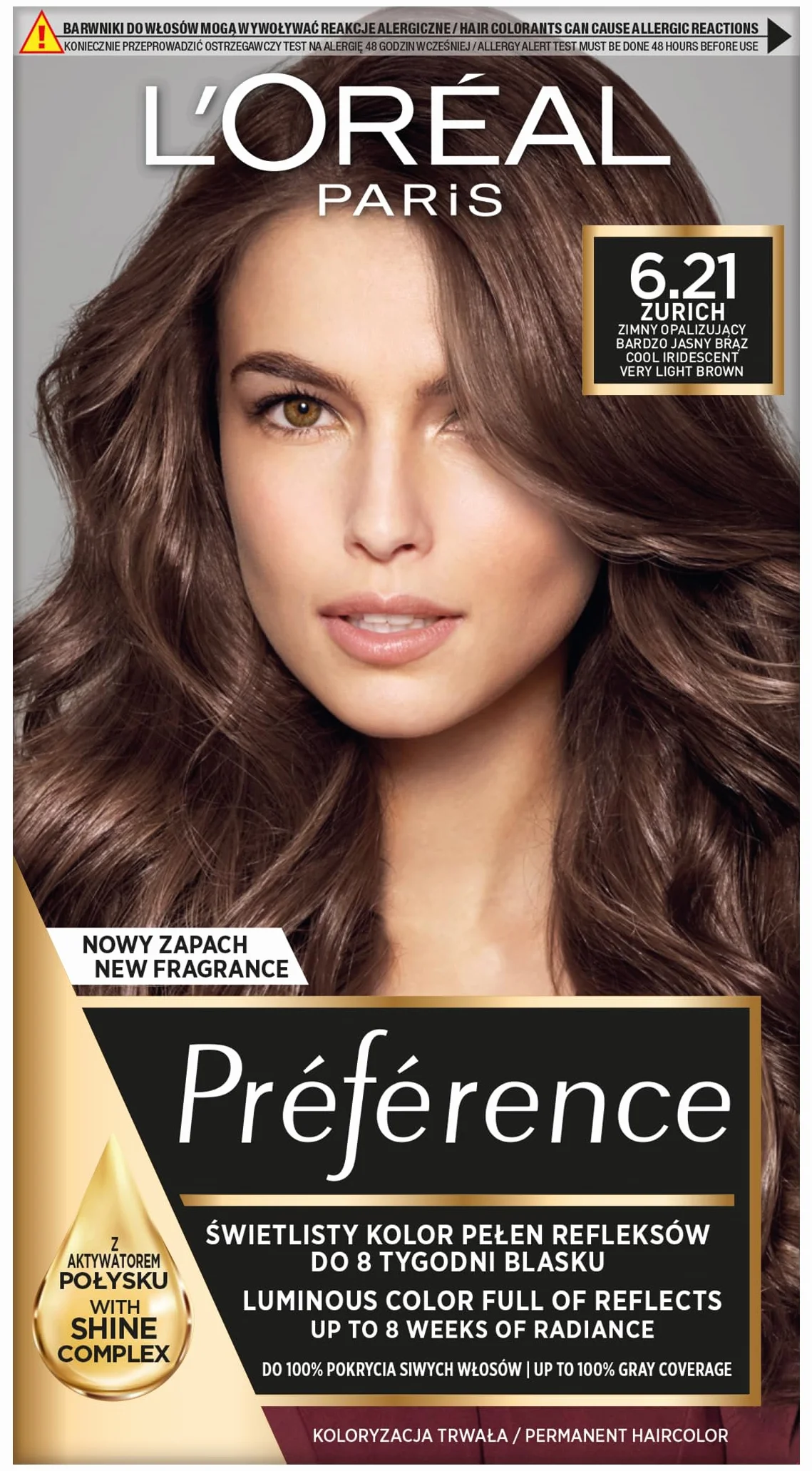 L'Oréal Paris Préférence 6.21 ZURICH farba do włosów Zimny Opalizujący Bardzo Jasny Brąz