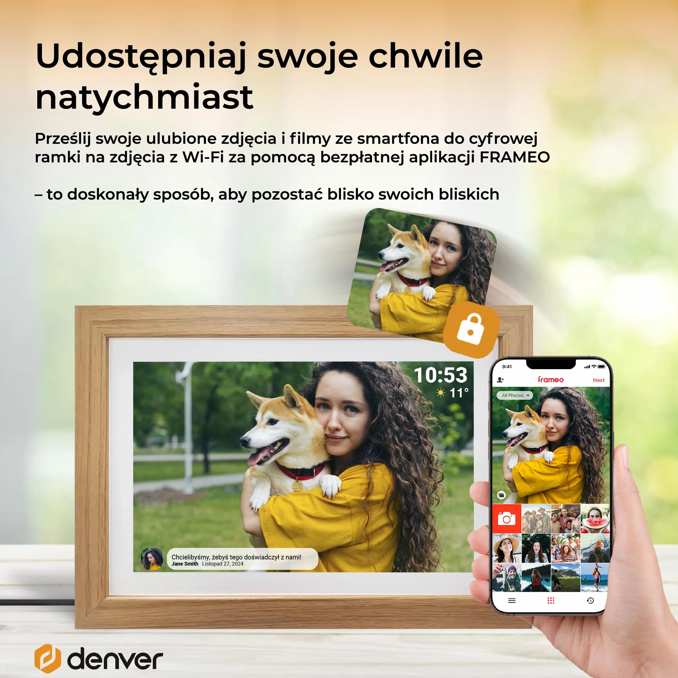 Denver Cyfrowa ramka na zdjęcia 10,1 cala HD - elektroniczna ramka na zdjęcia - ramka na zdjęcia - aplikacja Frameo - ekran dotykowy IPS - 16 GB - PFF1042LW - drewno