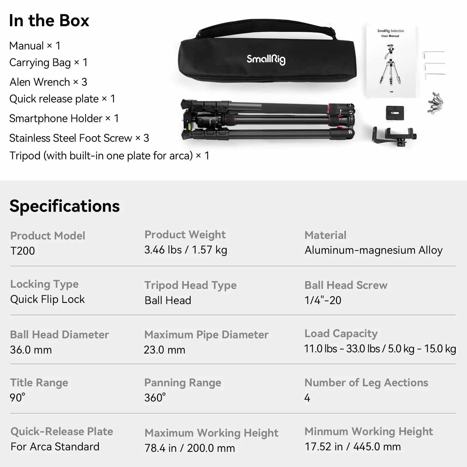 SMALLRIG Statyw do Aparatu 78", Monopod z Głowicą Kulową 360 mm 360, Profesjonalny Statyw z Torbą Transportową do Podróży i Pracy - 3474