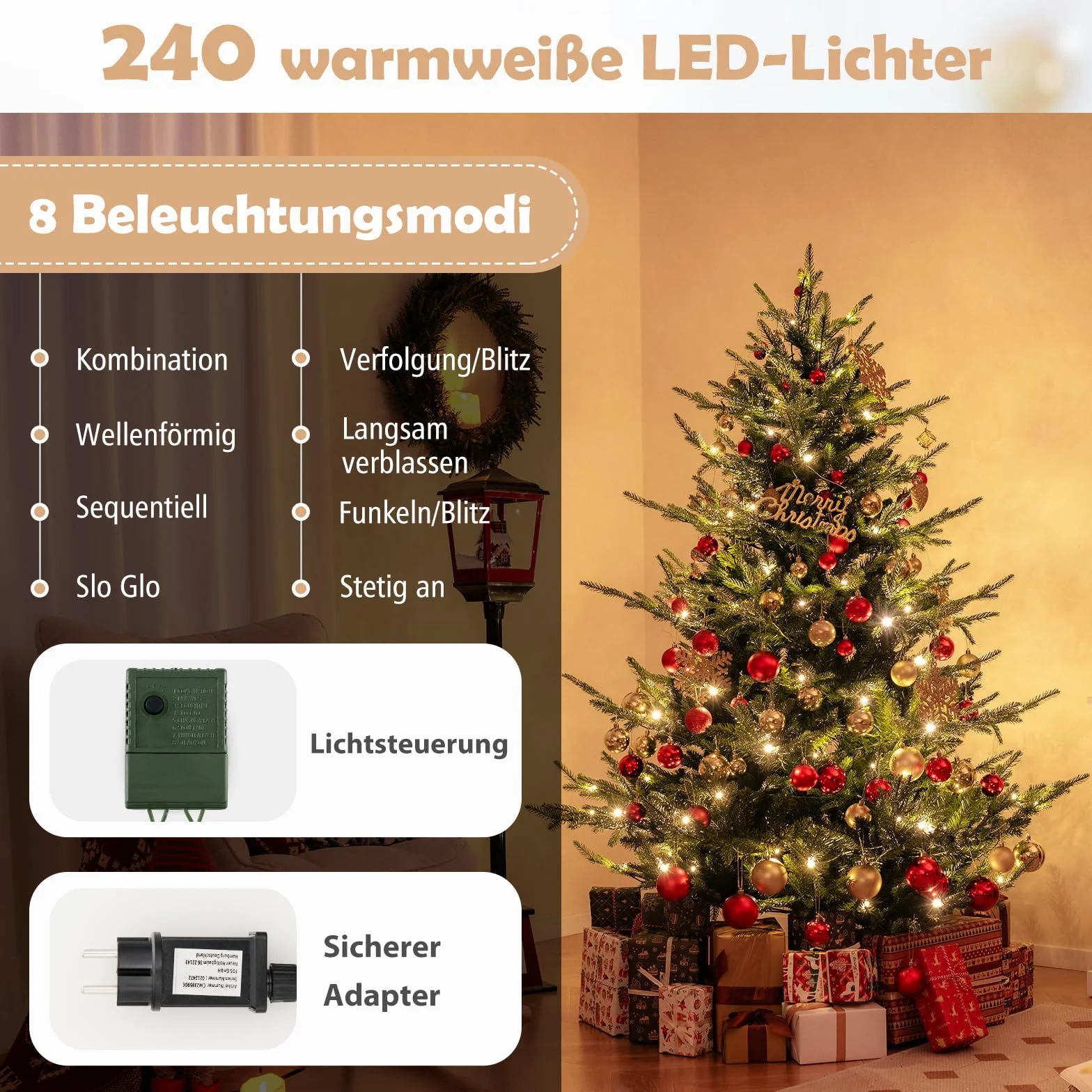COSTWAY Sztuczna choinka 180 cm LED 240 diod ciepła biel 8 trybów