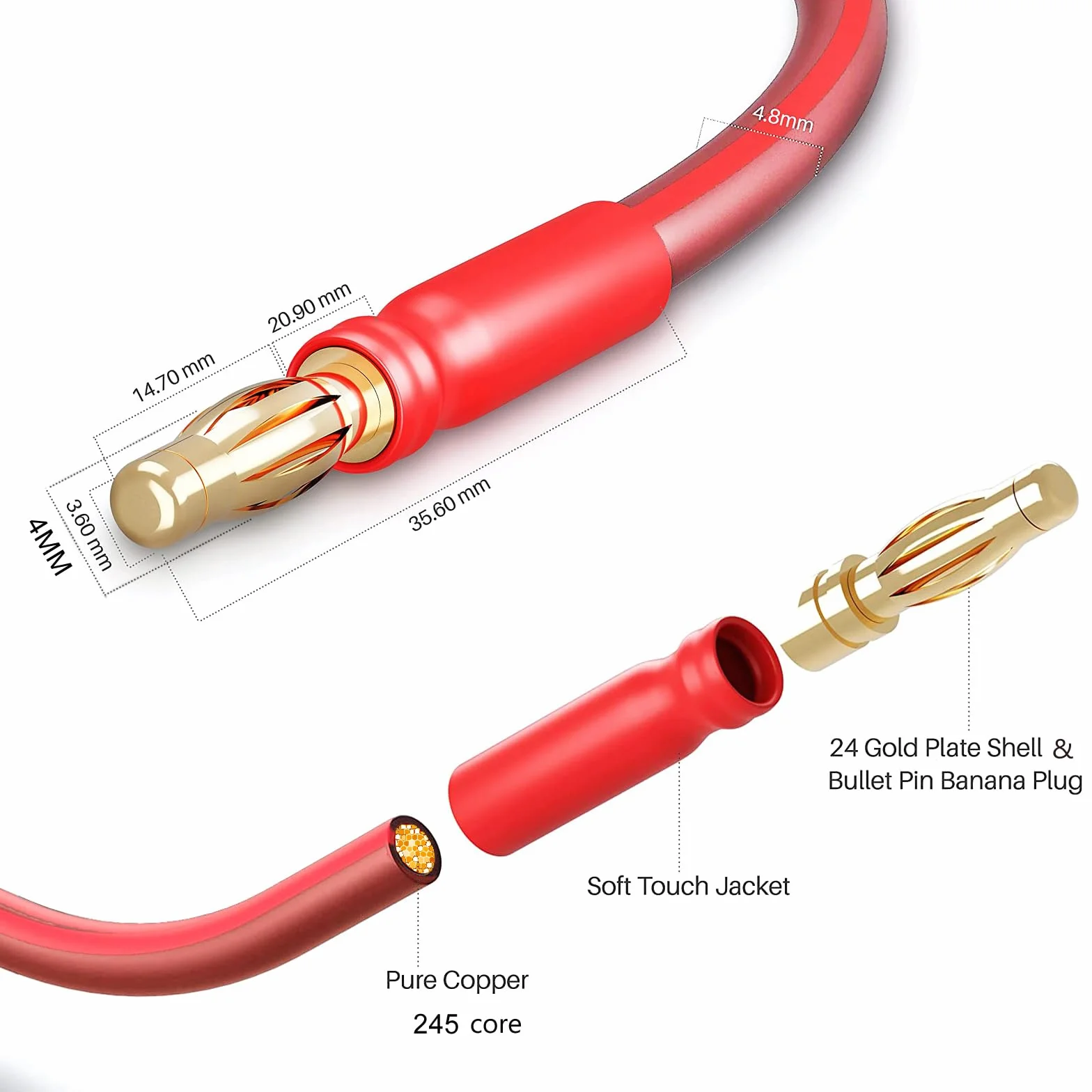 Czysty miedziany kabel głośnikowy z pozłacanymi złączami bananowymi, 14 AWG, 6 stóp (2 metry)