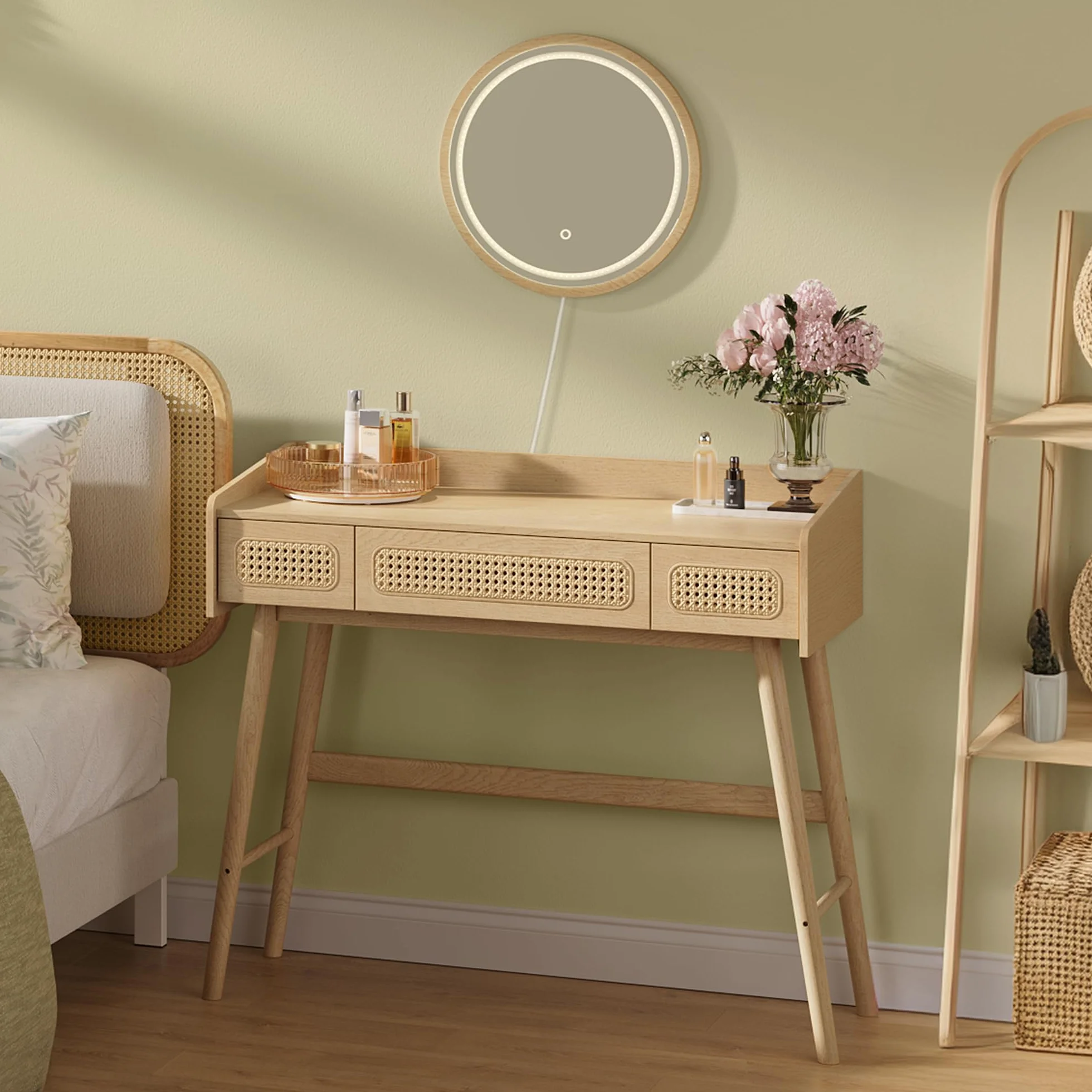 SONGMICS HOME Stolik toaletowy z lustrem i światłem, toaletką, 3 szufladami z efektem rattanu, światło z 3 kolorami, styl boho, sypialnia, dąb beżowy RVT007Y01