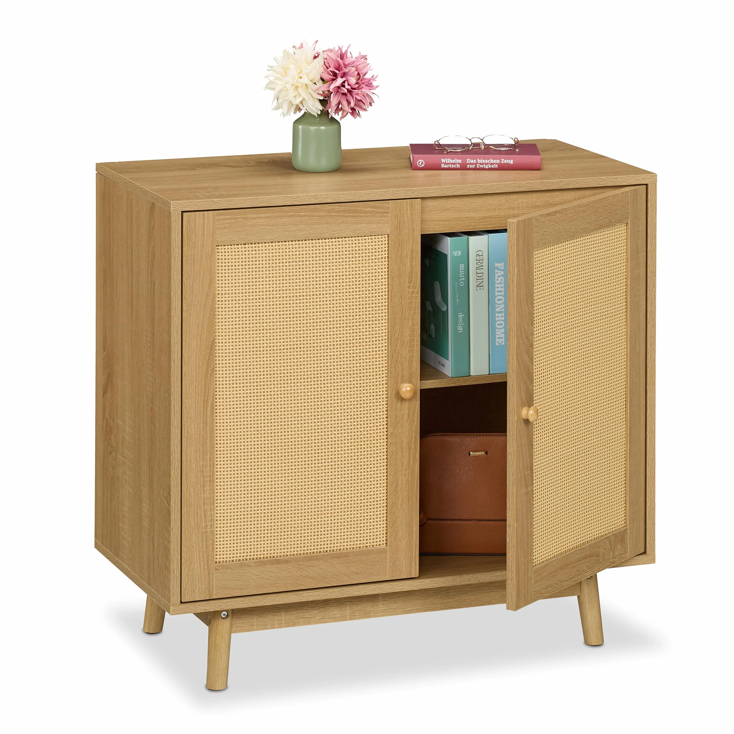 Relaxdays Kredens 2 przegródki rattan i drewno 75x80x40 cm naturalny